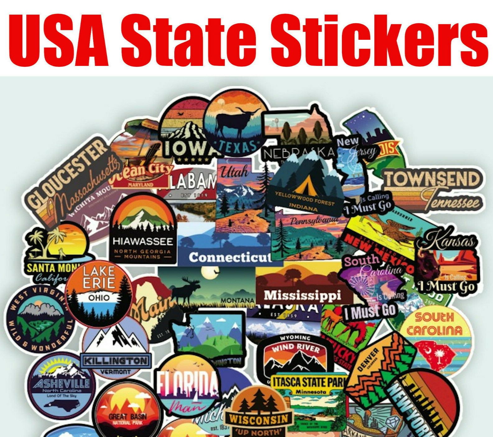 50 Pcs USA State Stickers Travel United States of America Sticker American