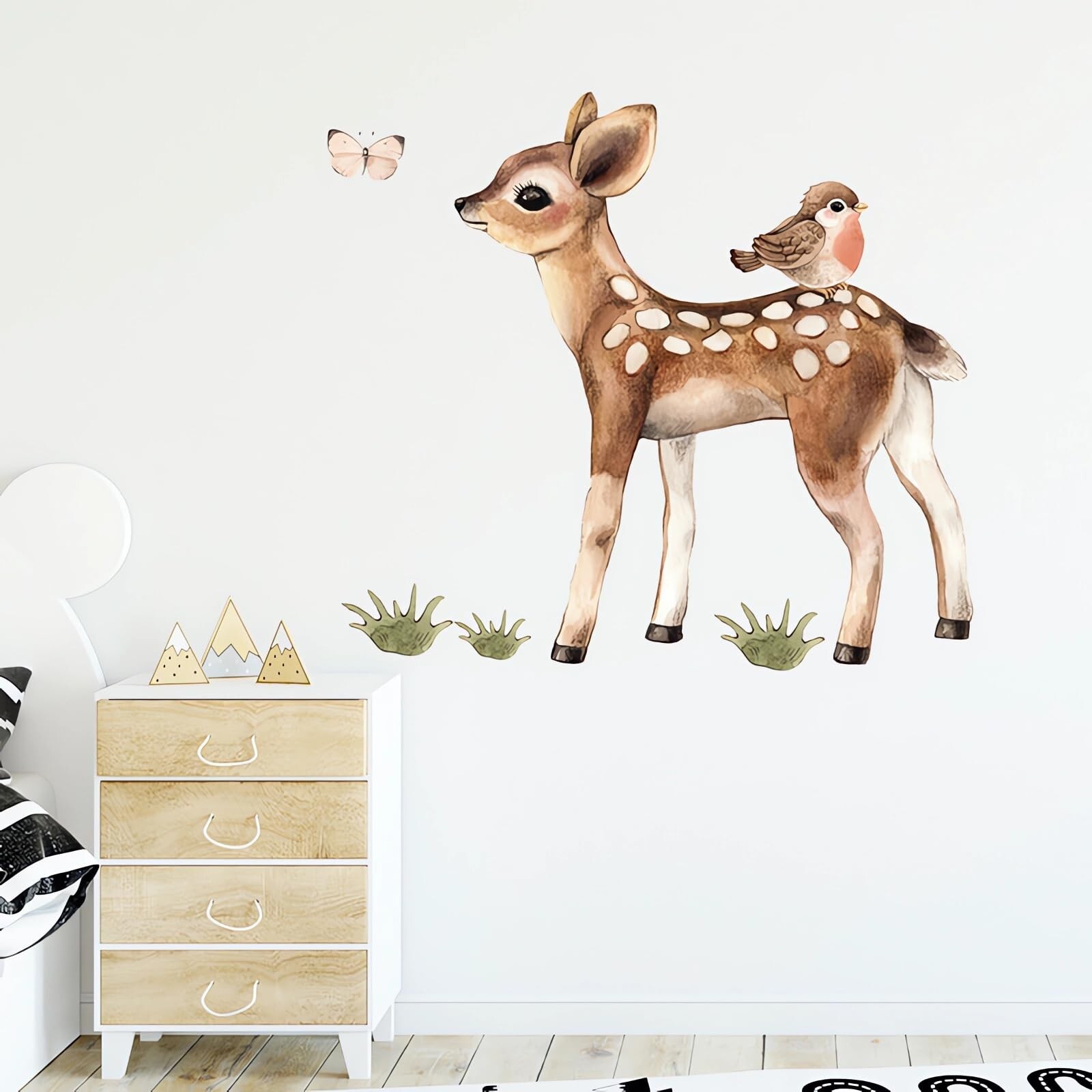 Cute Fawn and Bird Butterfly Deer Wall Stickers, sacinora Cartoon Jungle Anim…
