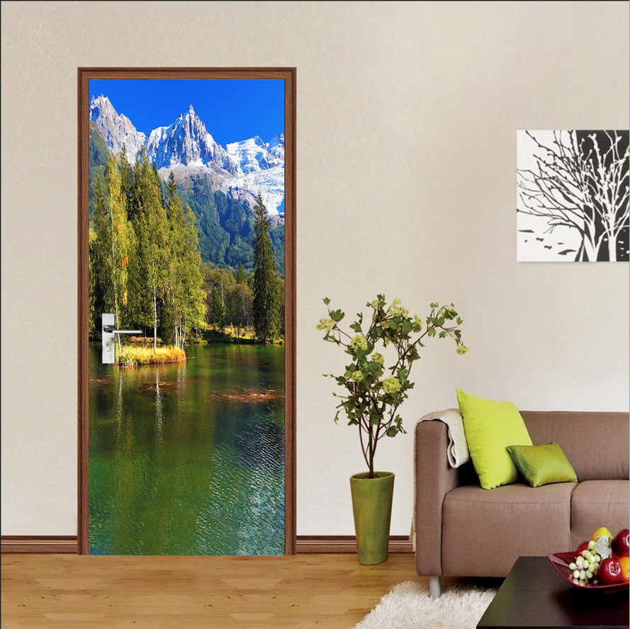 Door, Wall or Fridge STICKER – Lake Mountain Range 3D Waterproof Decal Cover