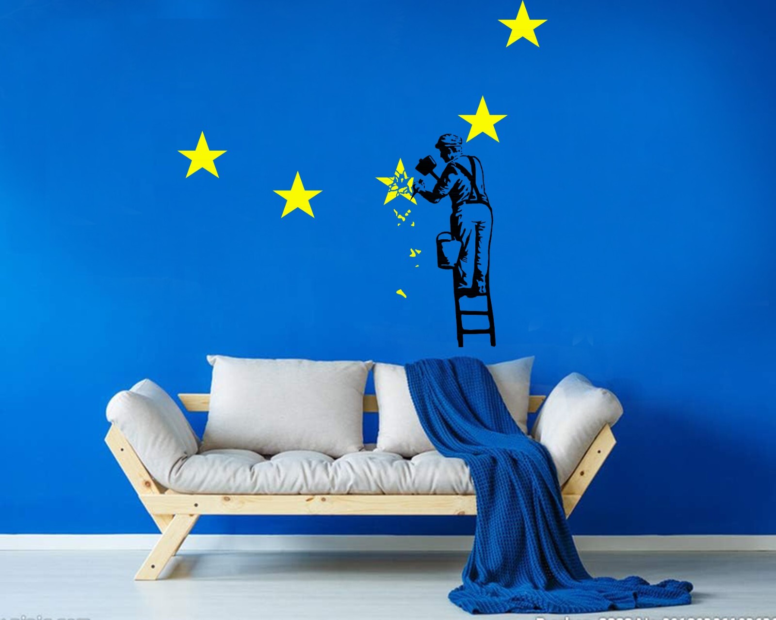 Banksy EU Workman remove star from EU flag Brexit wall sticker vinyl decal Dover