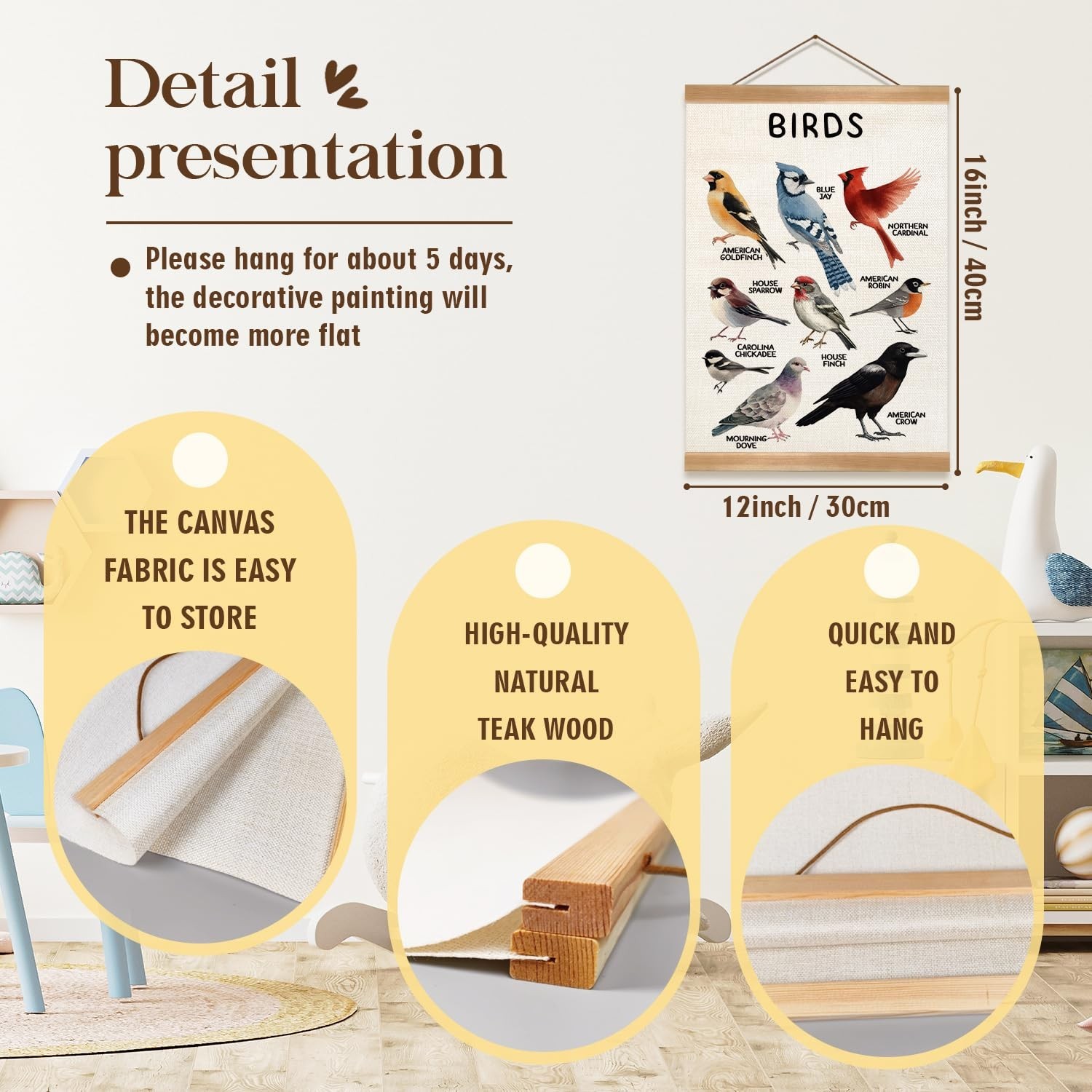 ZTGDA Birds Vintage Wall Art – Hanging Poster with Solid Wood Frame, Linen