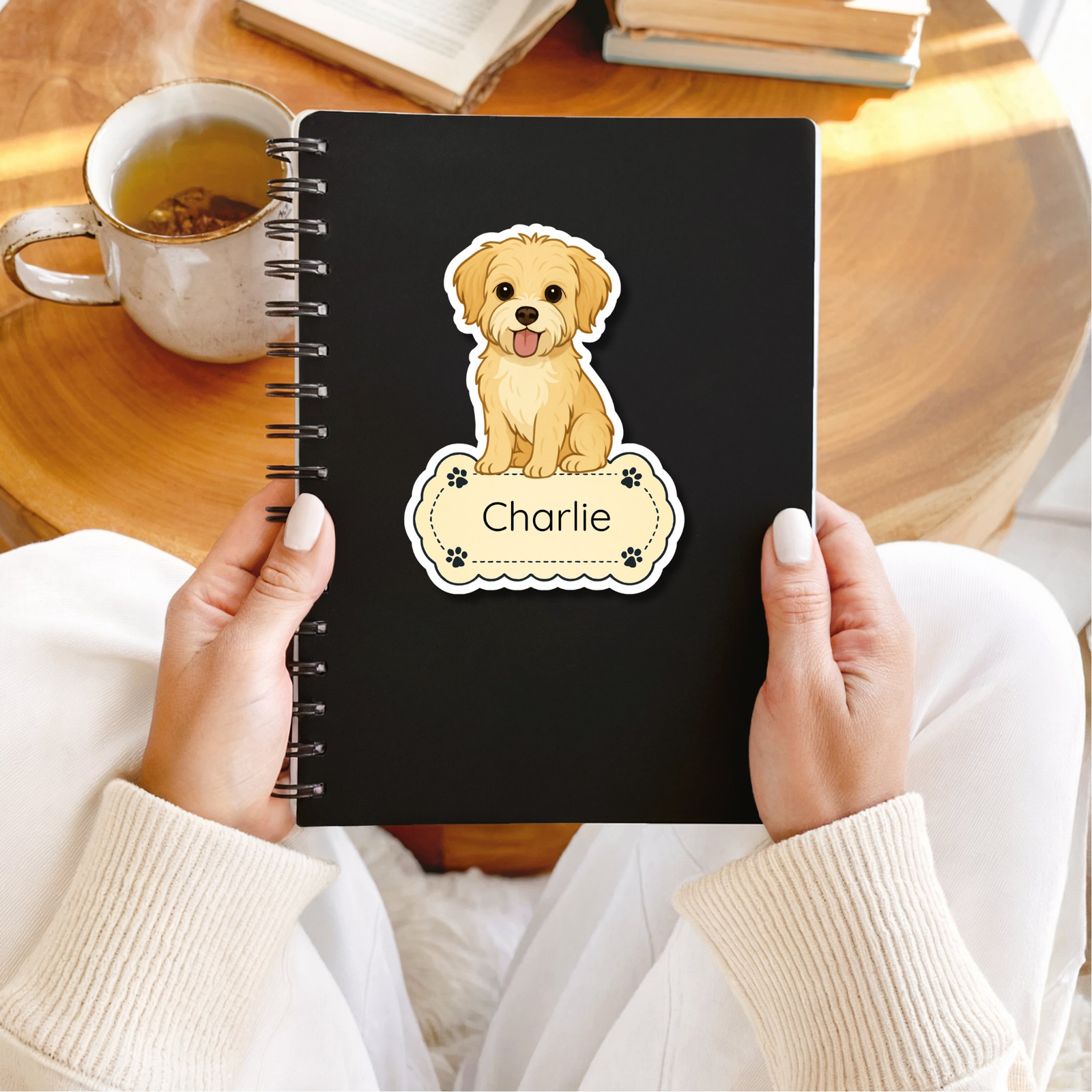 Personalized Morkie Dog Sticker Magnet Bookmark – Gold and White
