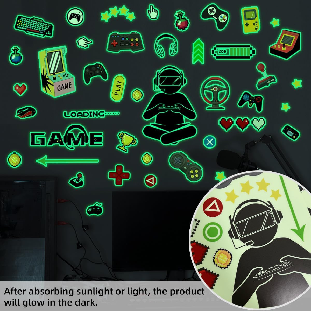 Gamer Glow in the Dark Wall Decals Video Game Wall Stickers for Boys Room Kids P