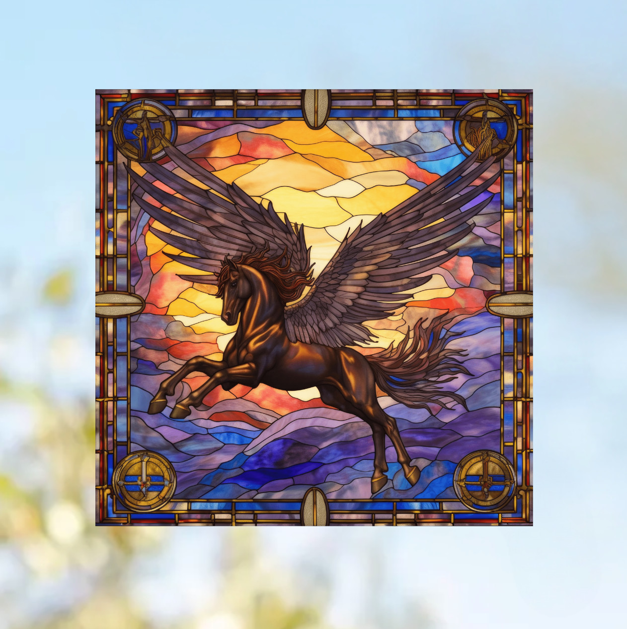Pegasus Horse Faux Stained-Glass WINDOW CLING Size 8" Vinyl