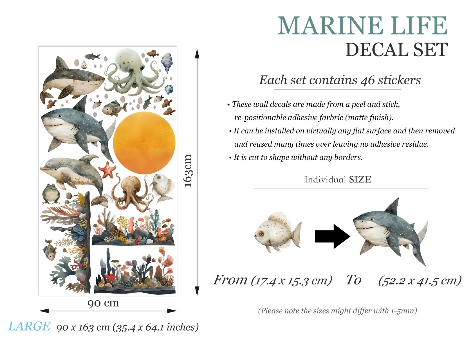 Removable Ocean Animals Stickers for Kids Room, Whale, Shark, Dolphin-Br469