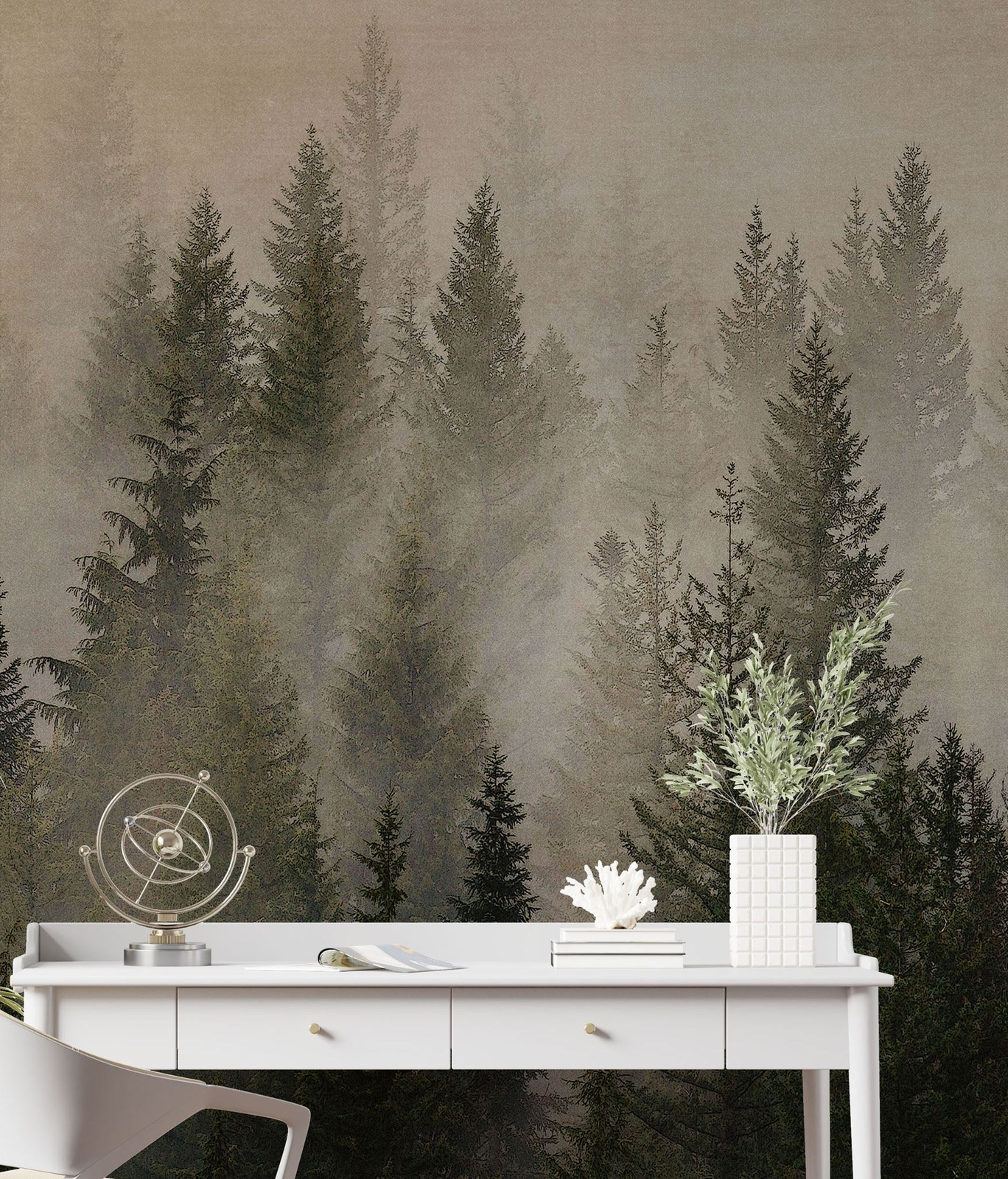 Misty Pine Tree Forest Landscape Wallpaper. Peel and Stick Wall Mural. Self Adhe