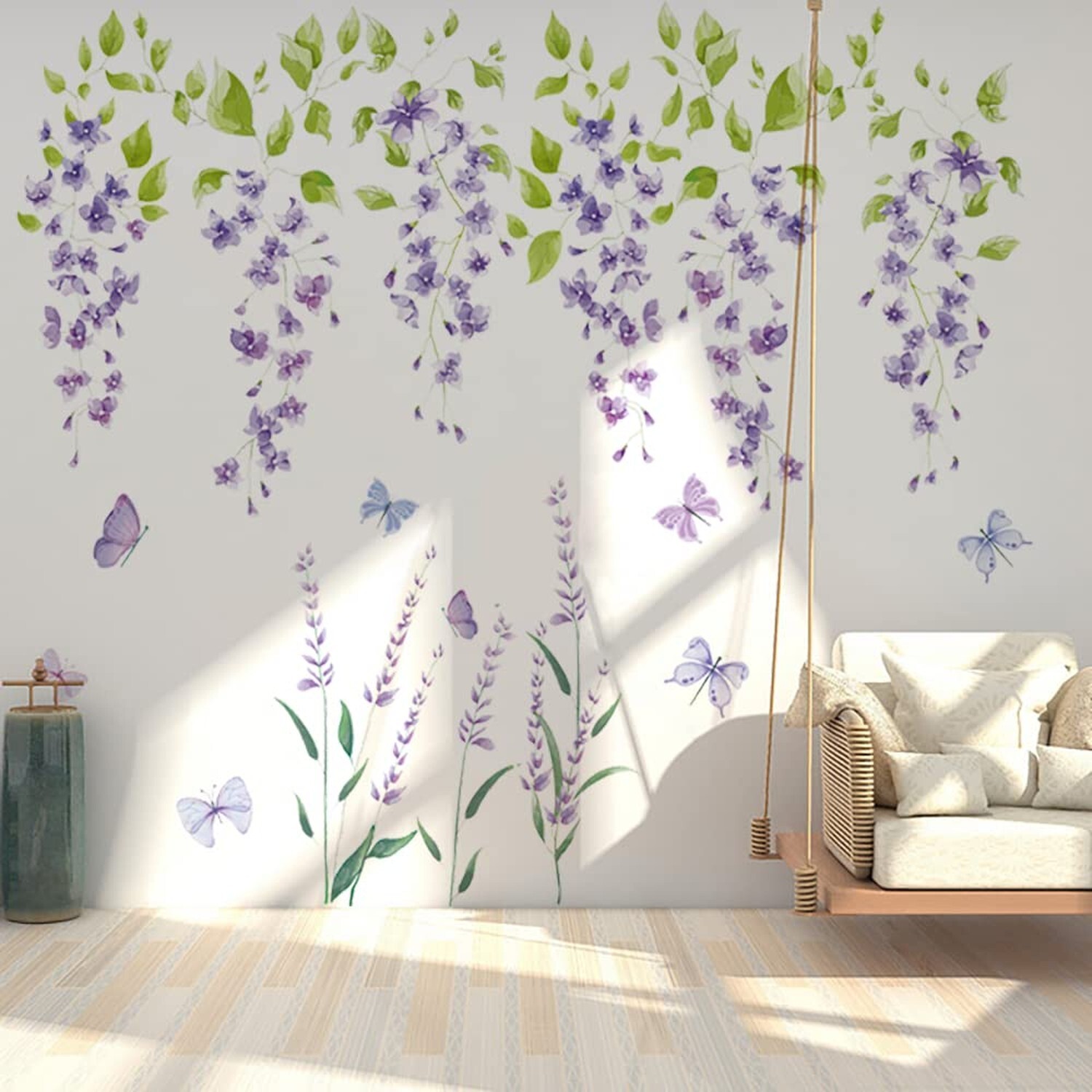 Runtoo Purple Flower Butterfly Wall Decals Hanging Lavender Floral Wall Stick…