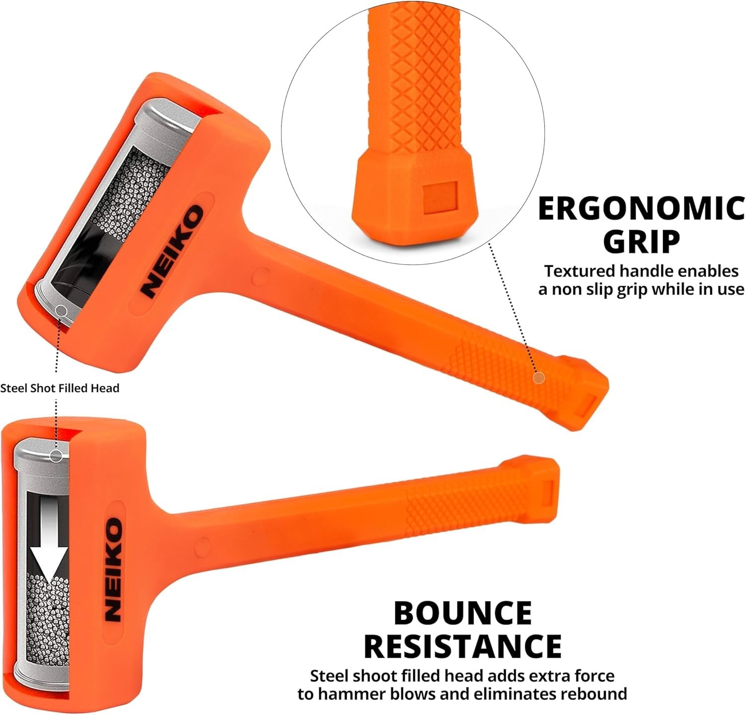 02888A Dead Blow Hammer Set, 3pc Neon Orange Deadblow Mallet, 1lb, 2lb, 3lb Hamm