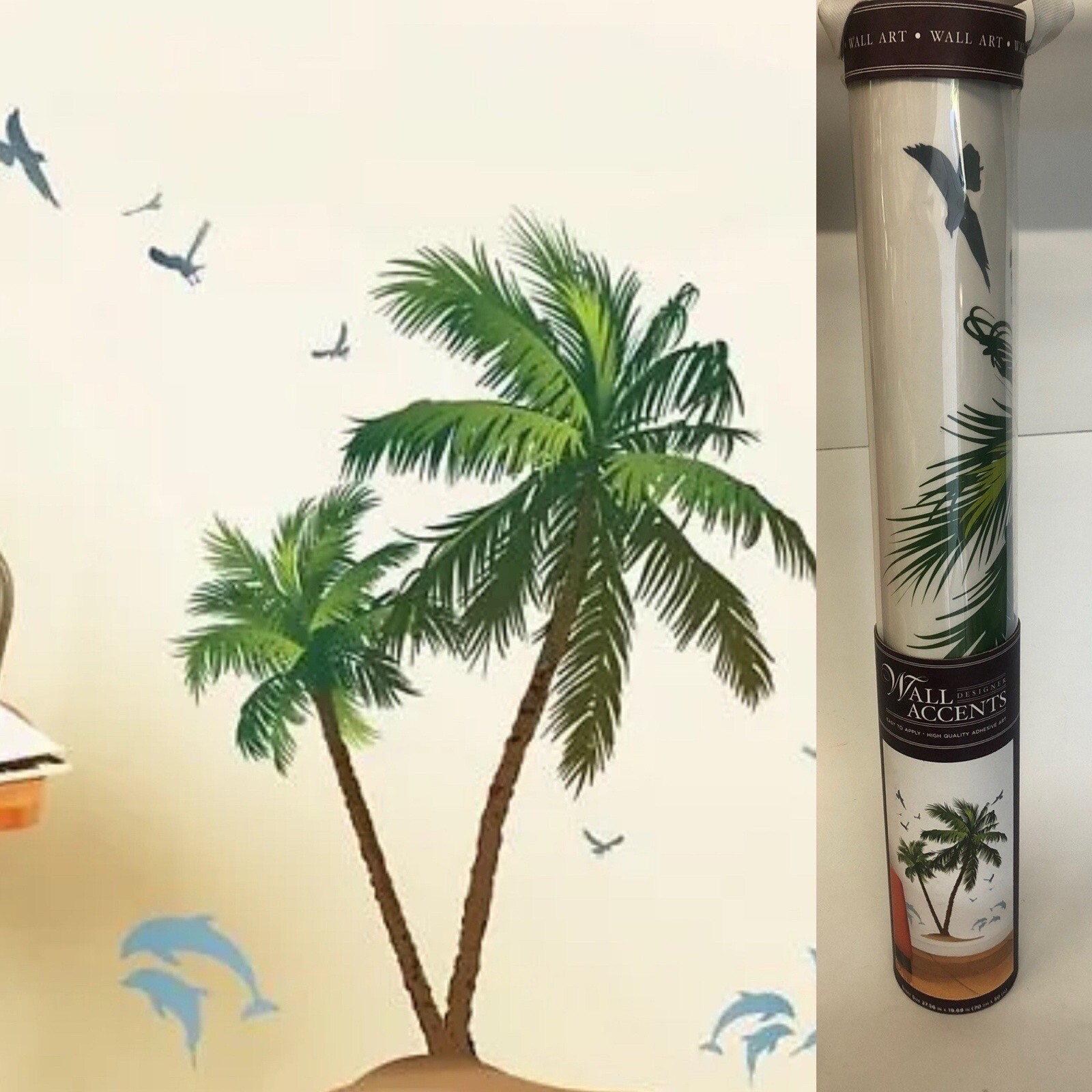 DCWV Decal Wall Art Sticker Palms & Dolphins Peel & Stick, Green/Brown/Blue