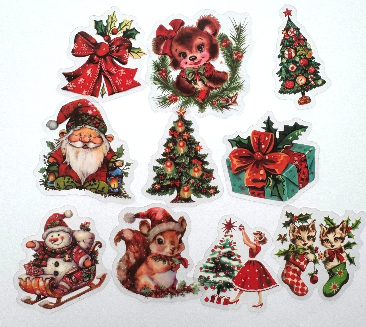 Retro Christmas Stickers Transparent Vinyl Holiday Santa Elf 7pcs Random Mix