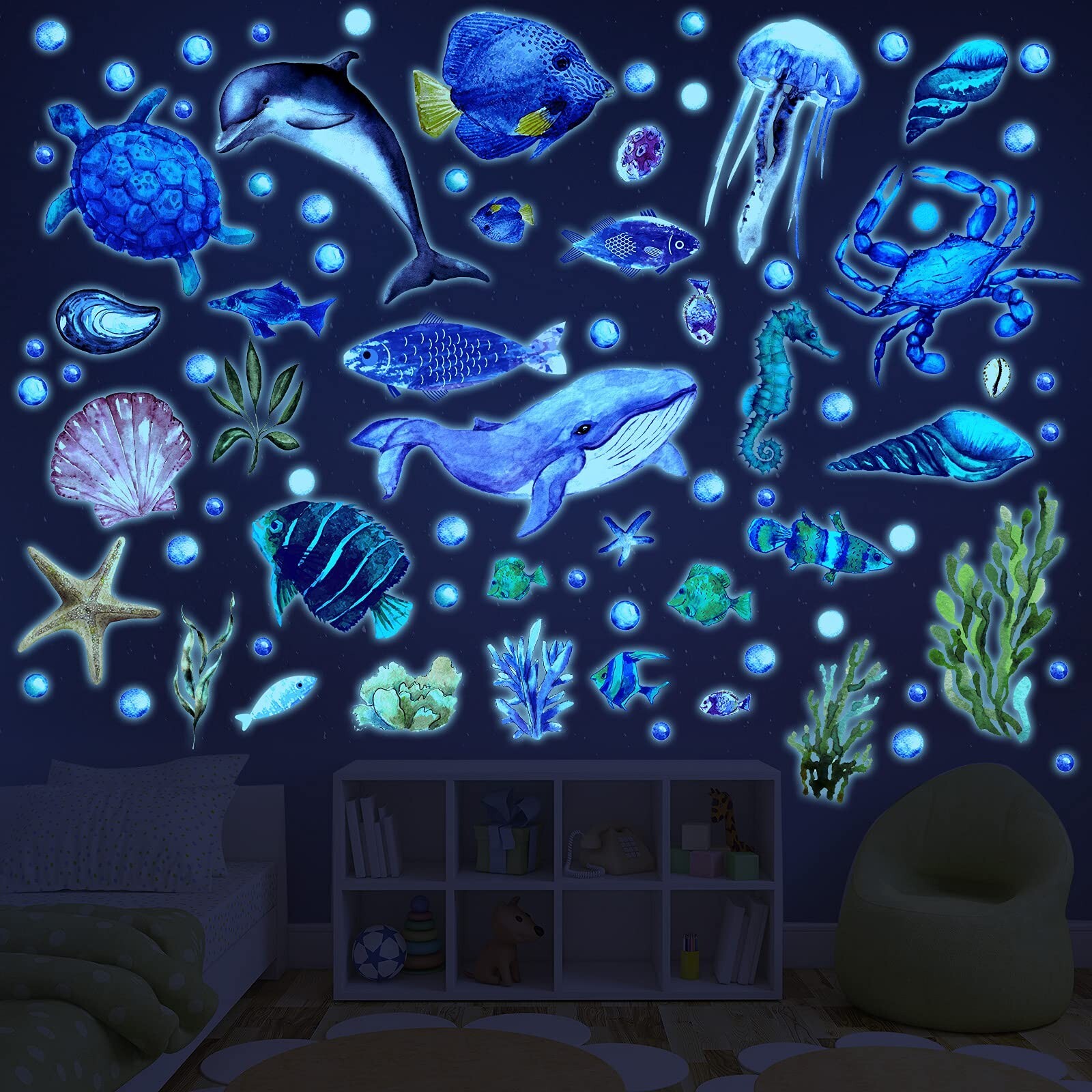 52 Pcs Ocean Fish Wall Decals Glow in The Dark Under The Sea Wall Decals Sea …