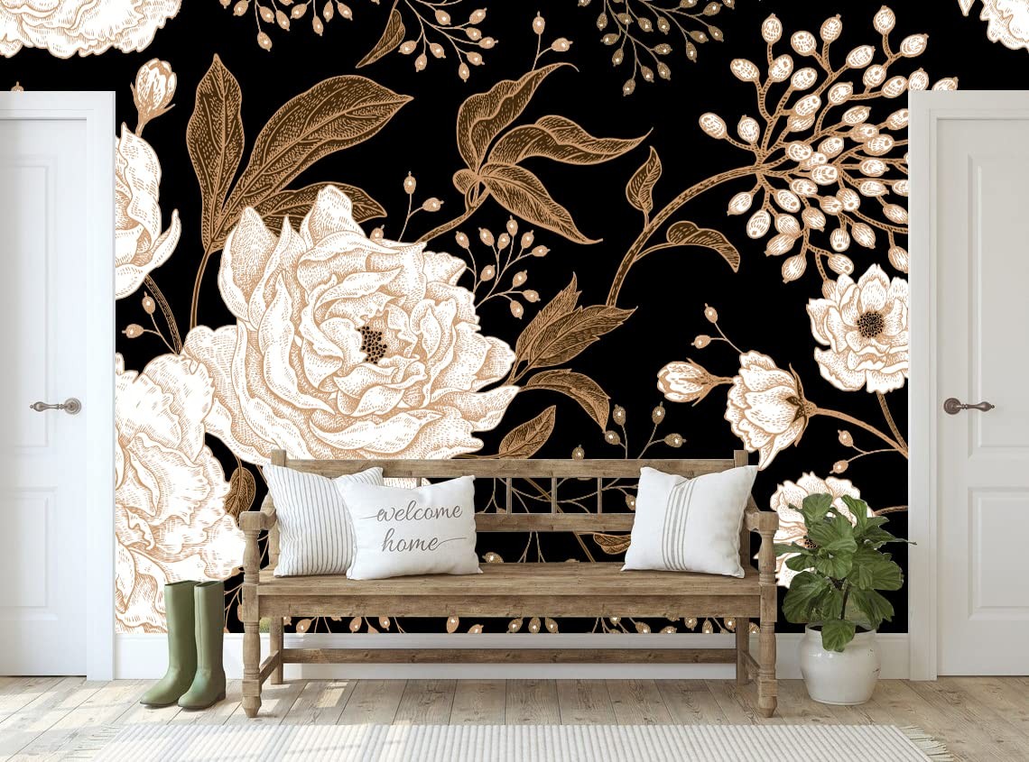 Wall Mural Peonies and Roses Floral Vintage Wallpaper Seamless Gold White Flo…