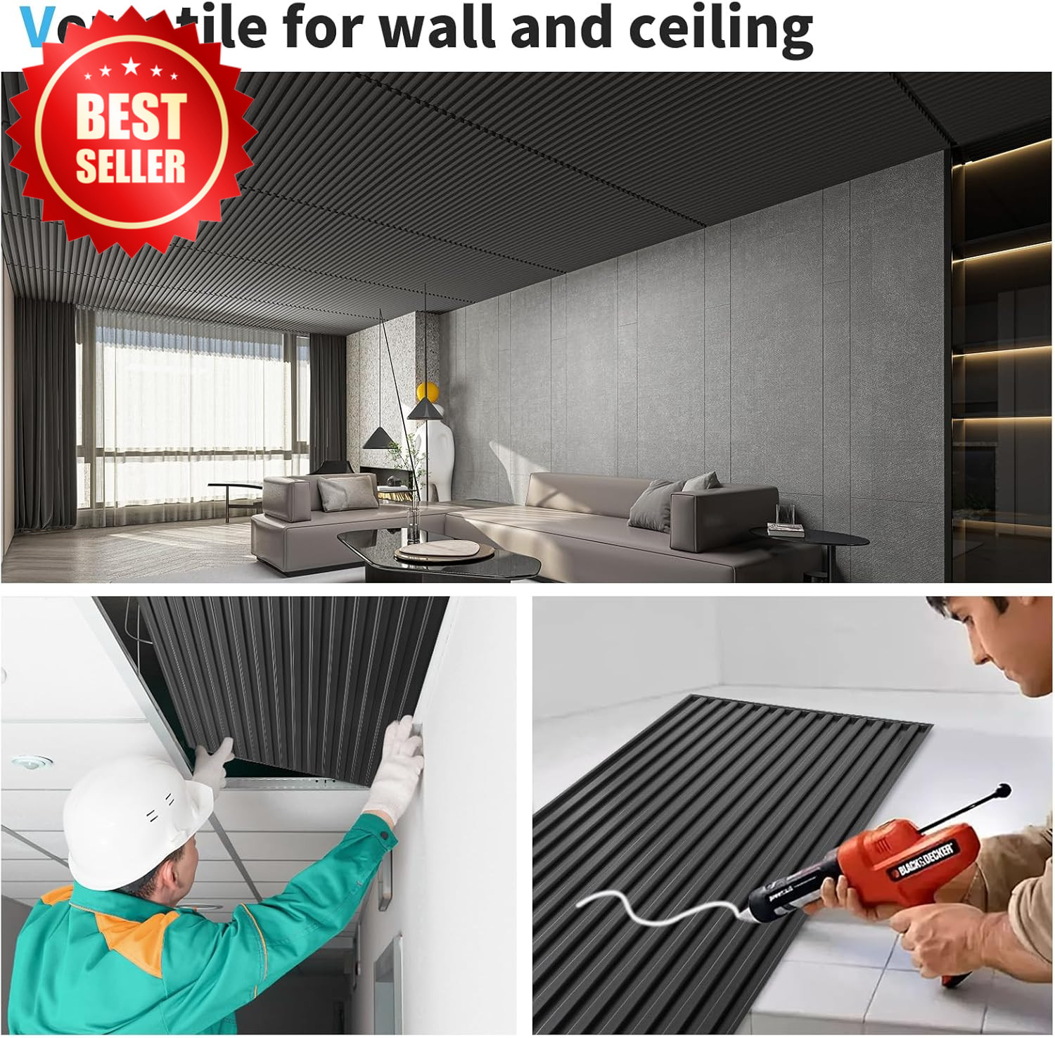 6 Pack Slat Design 3D Wall Panel 2×4 FT PVC Decorative Ceiling Tile Black US