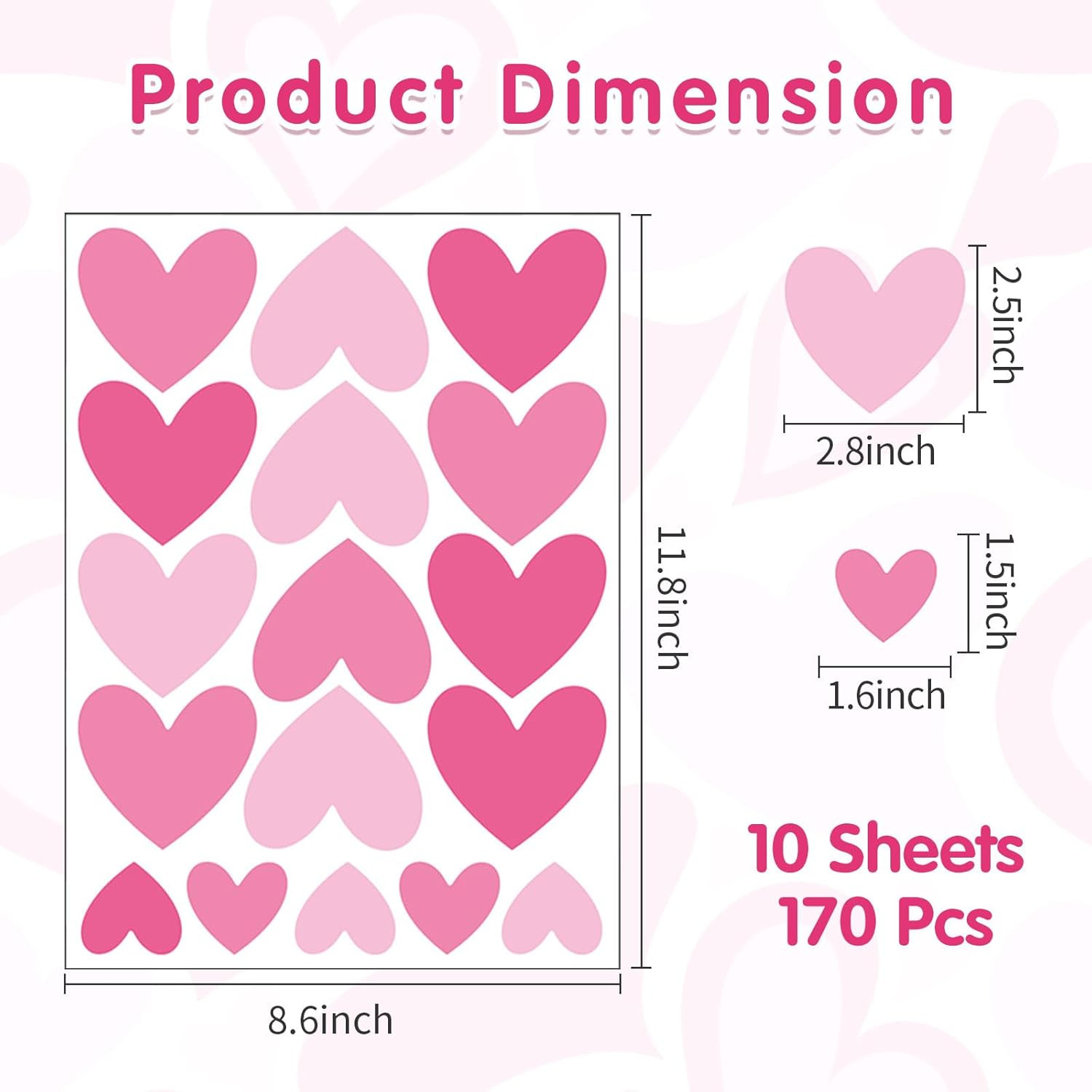 170 Pcs Heart Wall Decals – Peel and Stick Pink Decor for Girl Bedroom, Nursery,