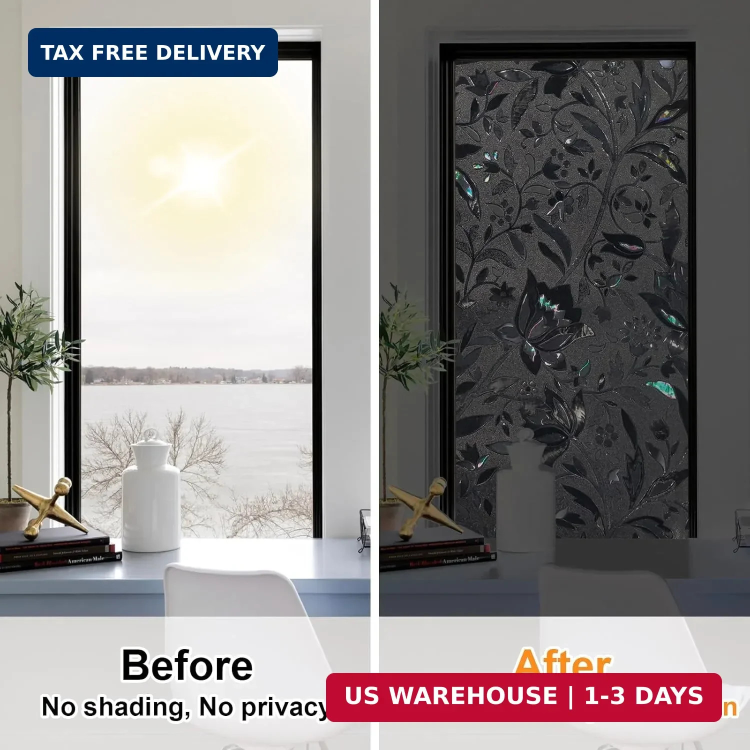 Blackout Window Film, 100% Sun Light Blocking Removable Privacy Window Cover, St