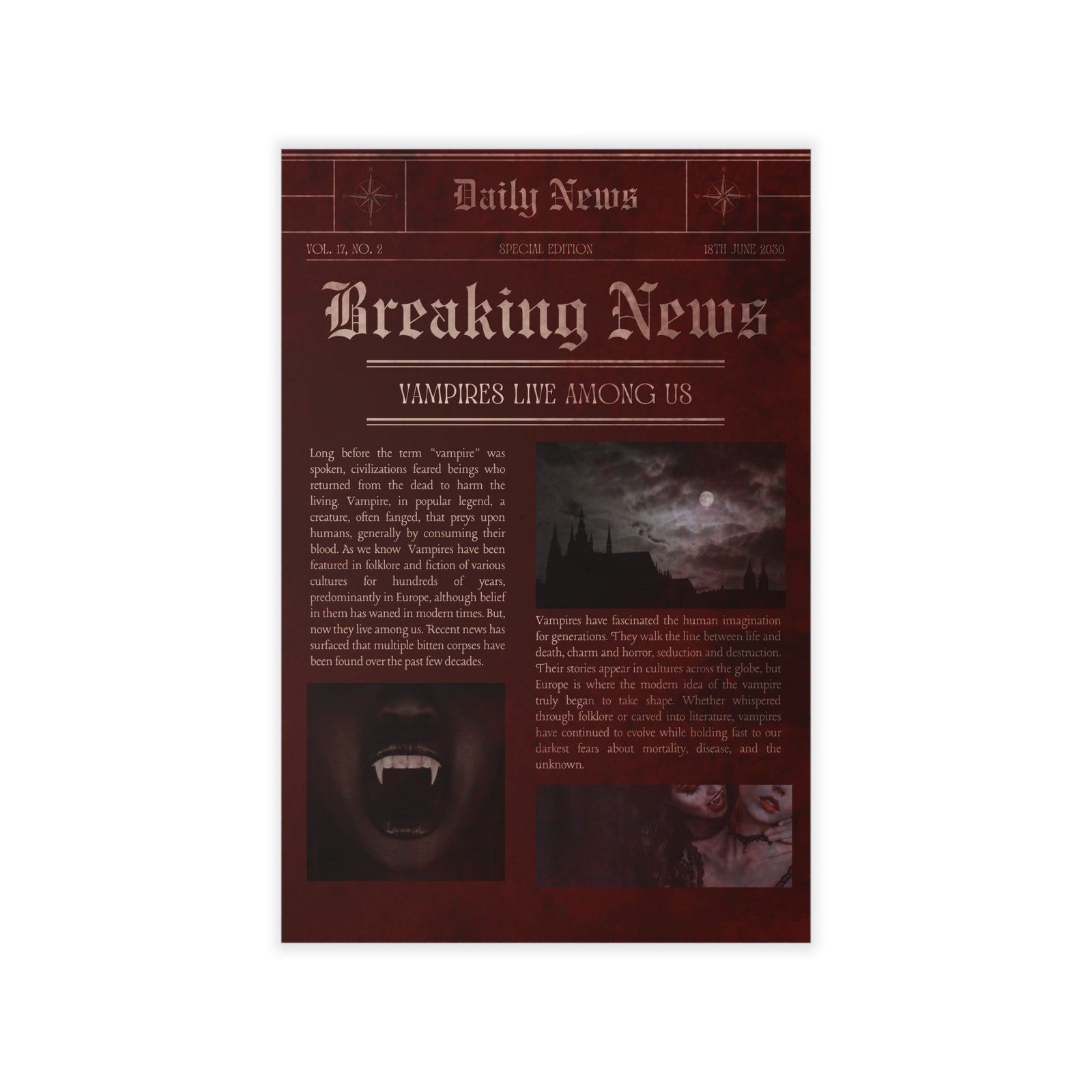 Vampire Newspaper Poster Gothic Aesthetic Wall Art Vampires Live Among Us Print