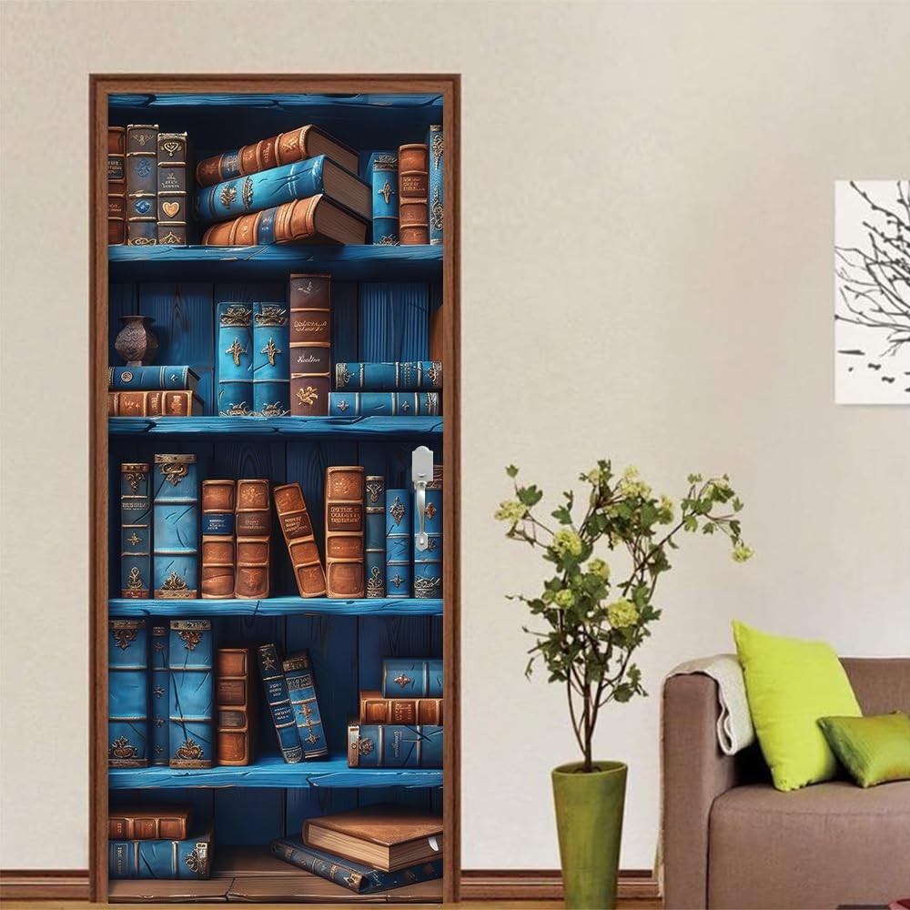 REDAMANCY Blue Yellow Book Shelf Vintage Antique Peel and Stick Door Stickers…