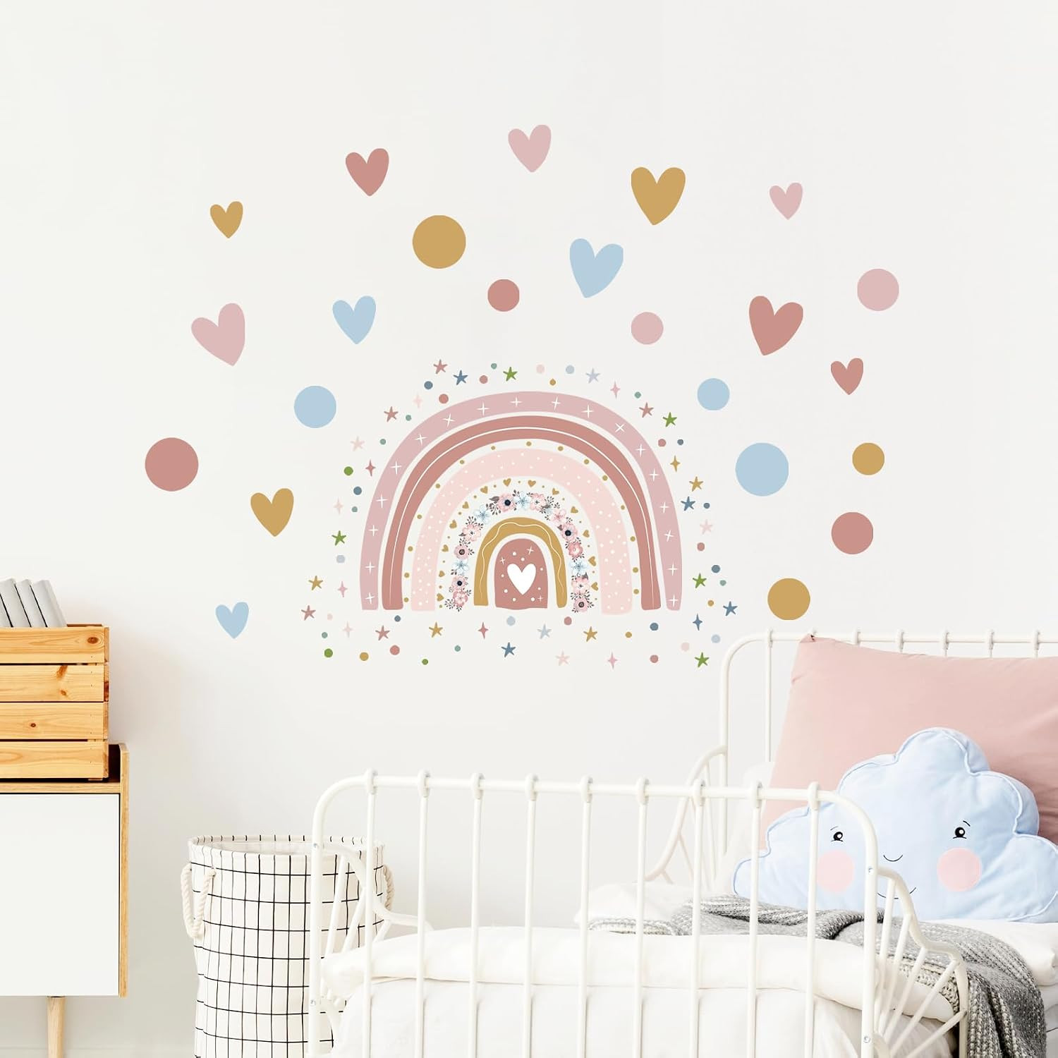 Rainbow Flower Wall Stickers – Colorful Dots, Hearts, Stars, Nursery Size