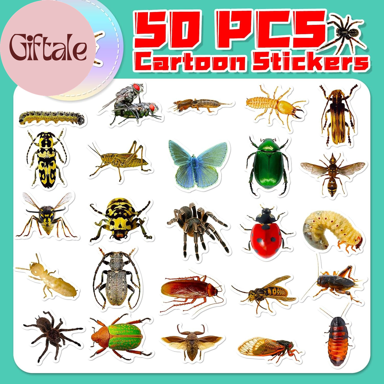 50 Pcs Lifelike Bug Stickers Pack for Kids Teens Adults, Waterproof Vinyl Insect