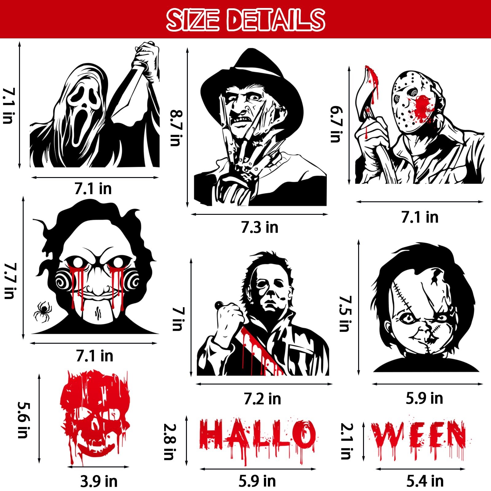 Auzesto 60Pcs Scary Halloween Decoration Window Clings, 9 Horror Characters