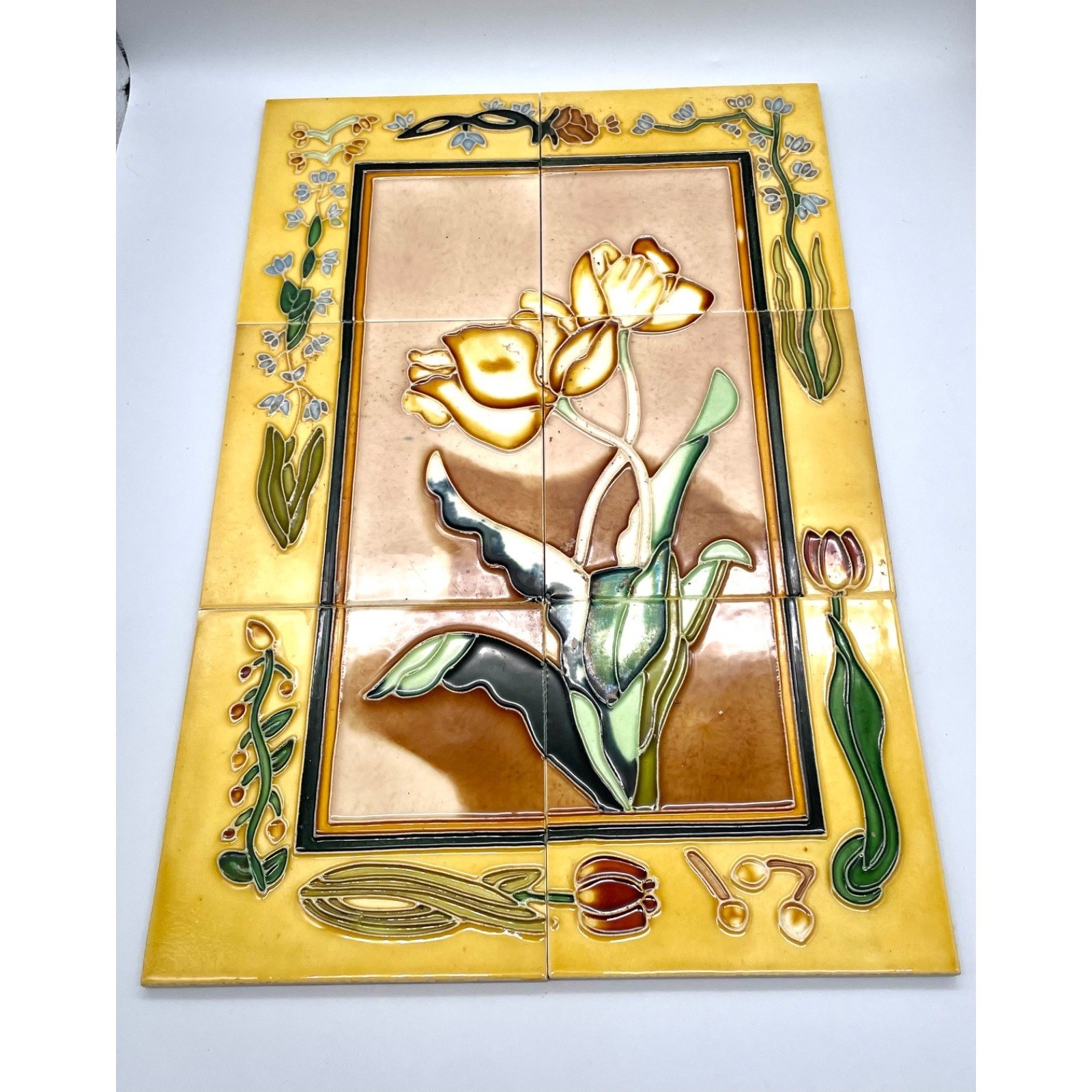 Art Nouveau Style Floral Ceramic Tile Mural 6-Piece Set Yellow Brown