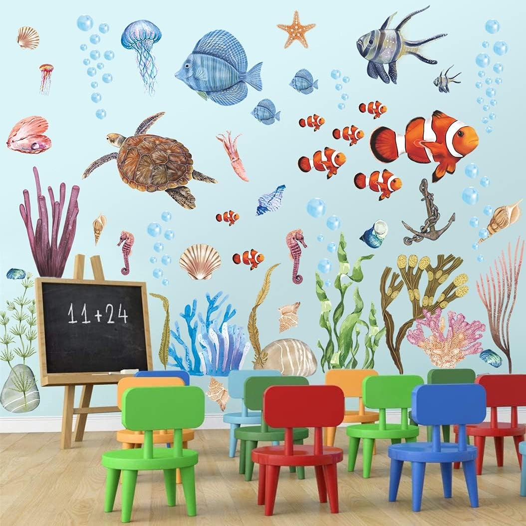 3D Ocean Wall Stickers Under The Sea Decals 12 inch x 18 inch, Blue
