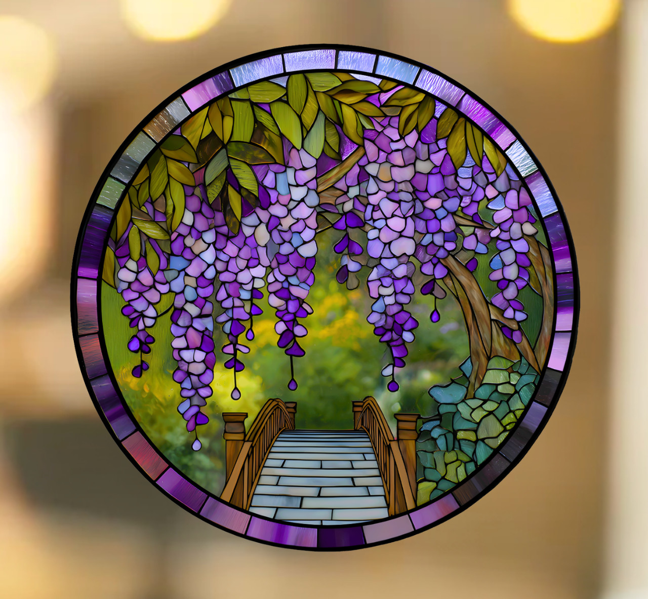 Wisteria Flowers Faux Stained-Glass WINDOW CLING Size 8" Round Vinyl
