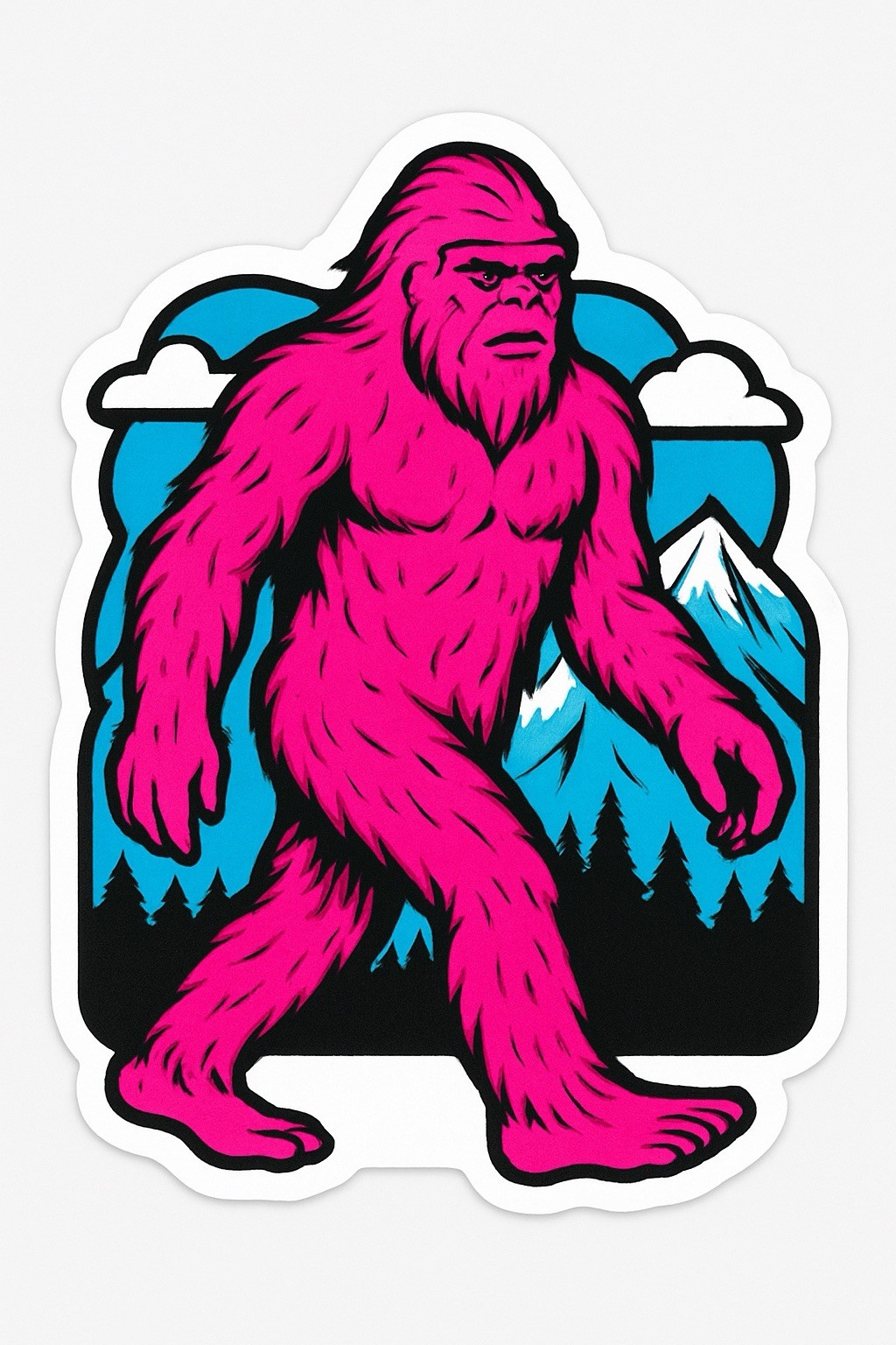 Hot Pink Sasquatch Sticker – Retro Bigfoot Mountain Decal 3×4 Inch Vinyl Glossy