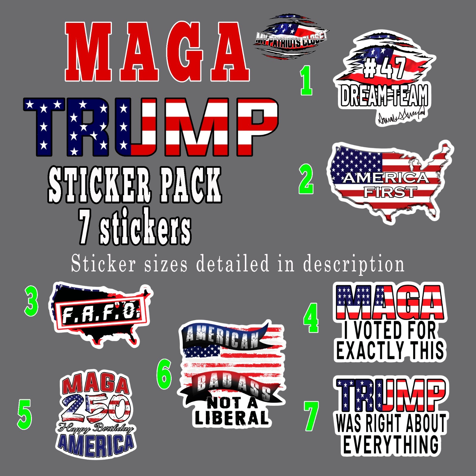 MAGA TRUMP Sticker pack, 7 America First decals, FAFO, MAGA 250, #47 Dream Team