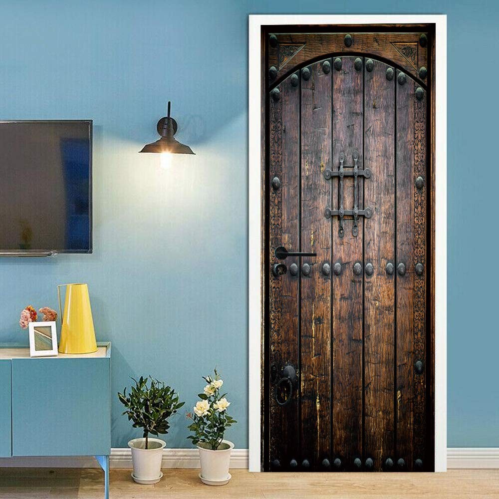 COLORSPRING 3D Dark Wood Door Decal Stickers Peel and Stick, Door Mural Cover…