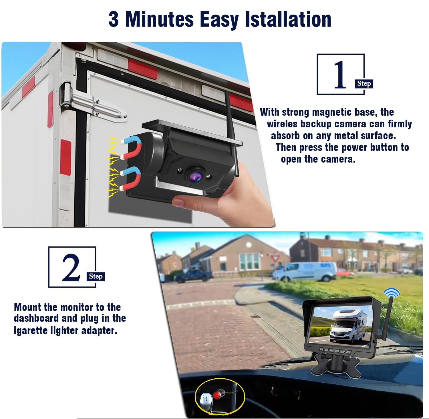 Magnetic Solar Wireless Backup Camera for 5"/7"/10" DVR – 1080P Rechargeable Rea