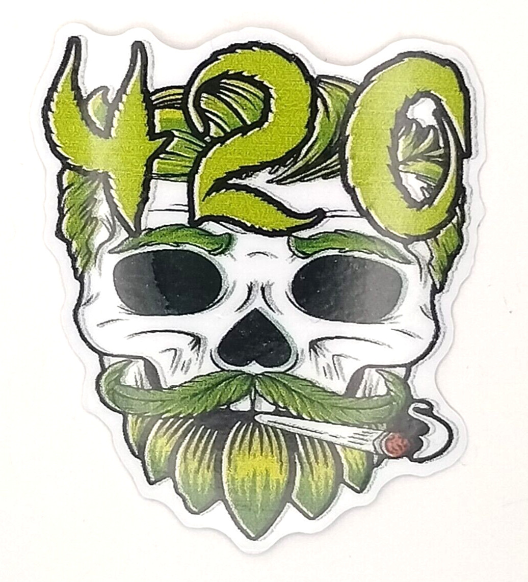 420 Stoner Mustache Skull Vinyl Sticker Marijuana Weatherproof Laptop Weed