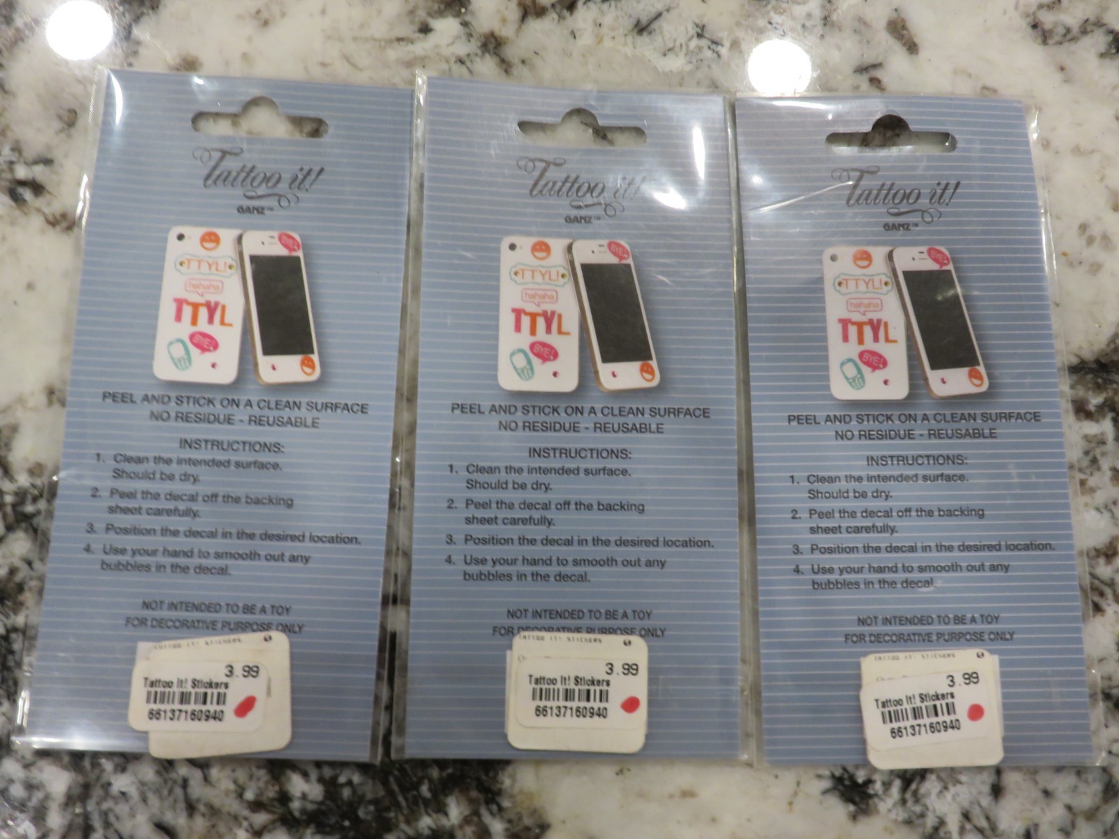 Tattoo It Ganz Stickers for Phones Plastic/Metal/Glass 3 Packs NEW/Sealed