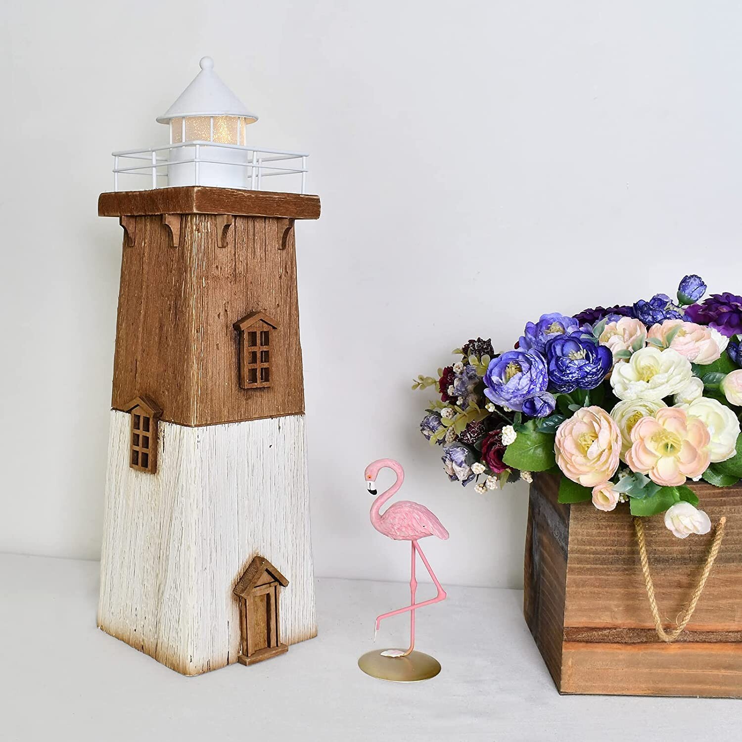 Wooden Lighthouse with Lights Nautical Tabletop Figurine (Brown)