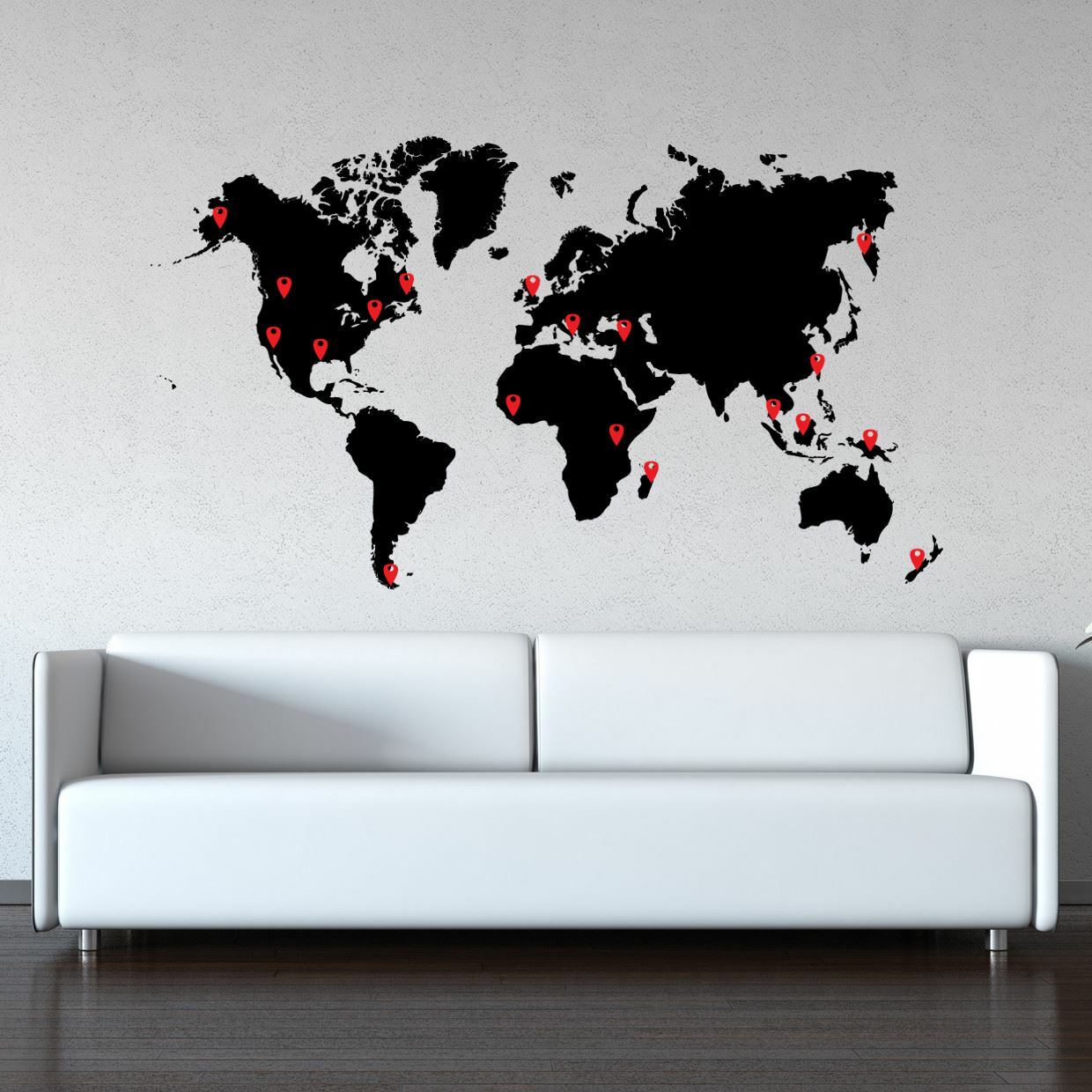 World Map Vinyl Wall Decal Sticker. Includes Location Pins. Office Wall Map #873