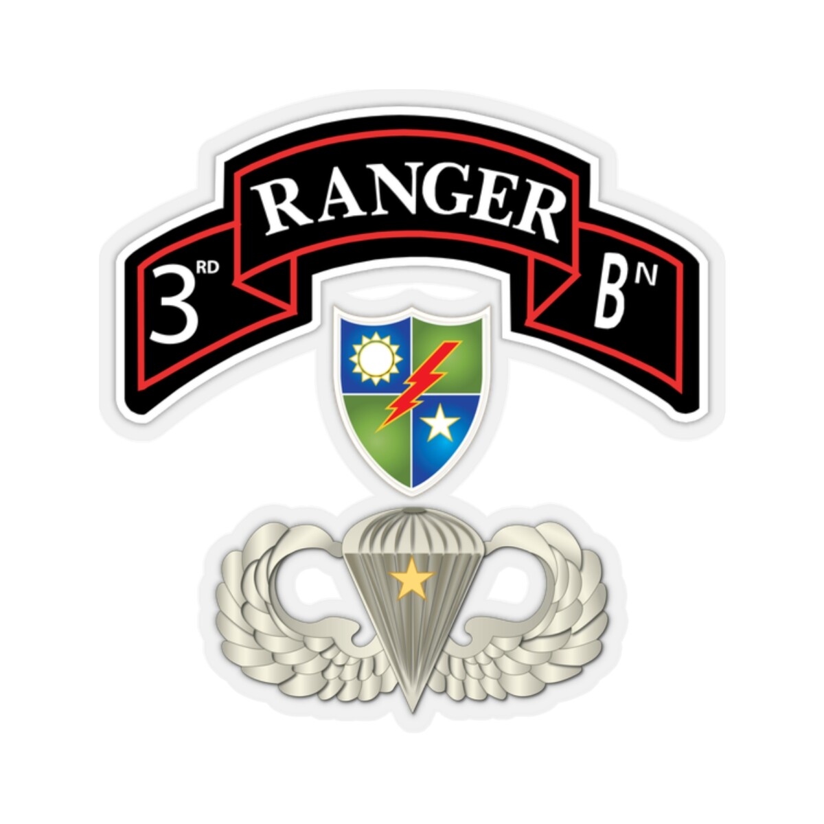 Kiss-Cut Stickers – Army – 3rd Rgr Bn with DUI – Basic Airborne w Combat Jump S