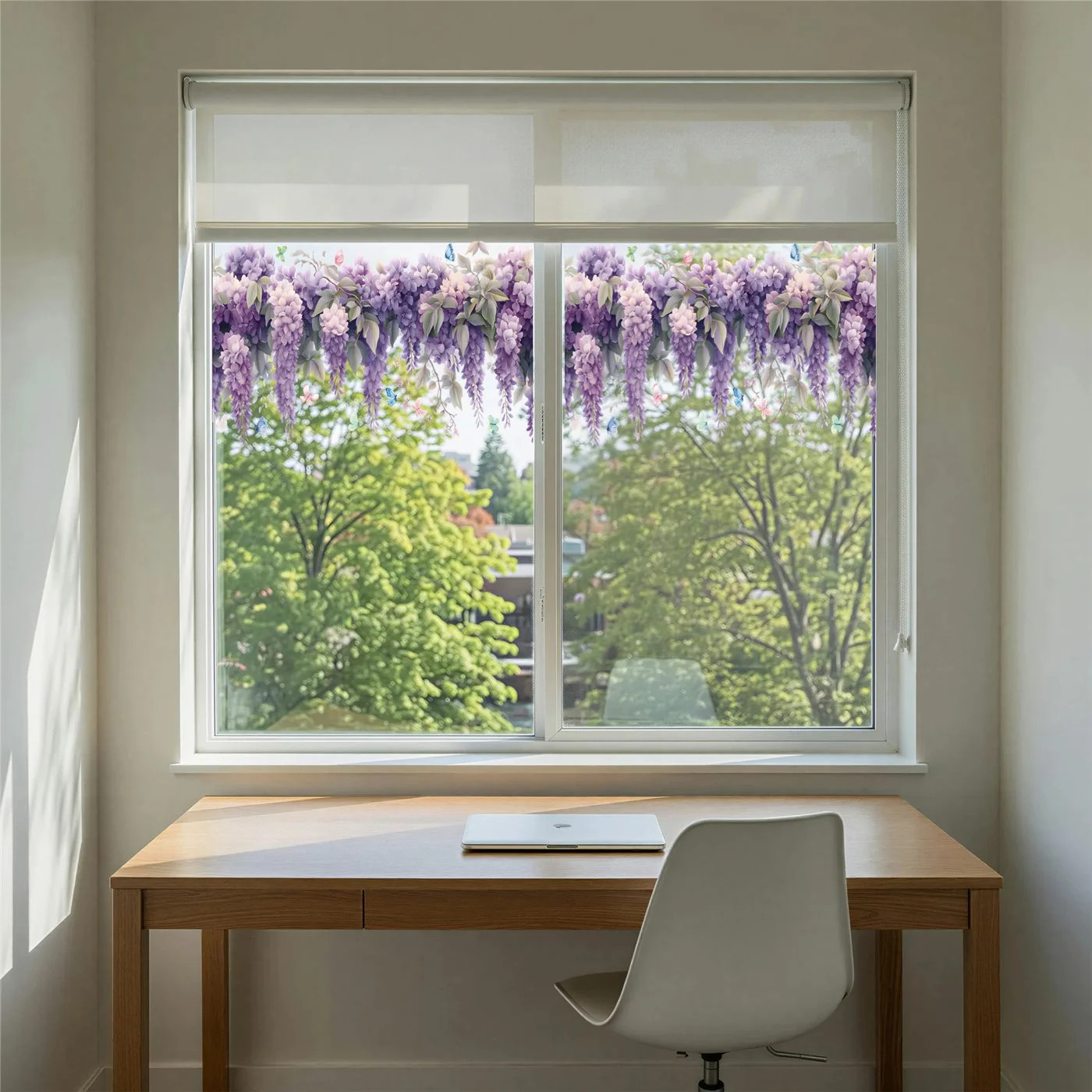 Hanging Wisteria Window Cling 24×12 in Purple Floral Static Cling Bird Safe