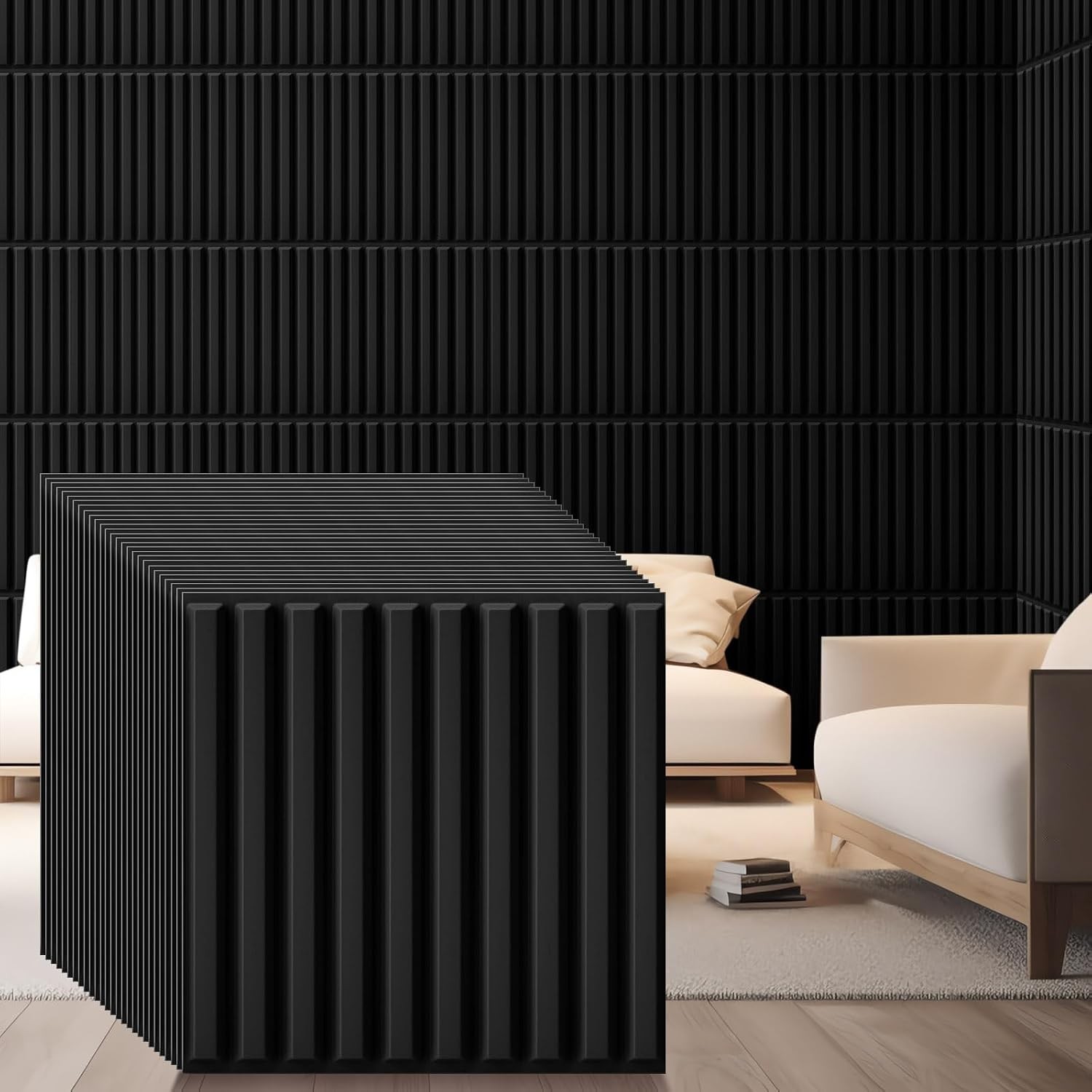 60 Pcs 3D Wall Panels Interior Wall Decor 12"x12" Fluted Textured Black Accent