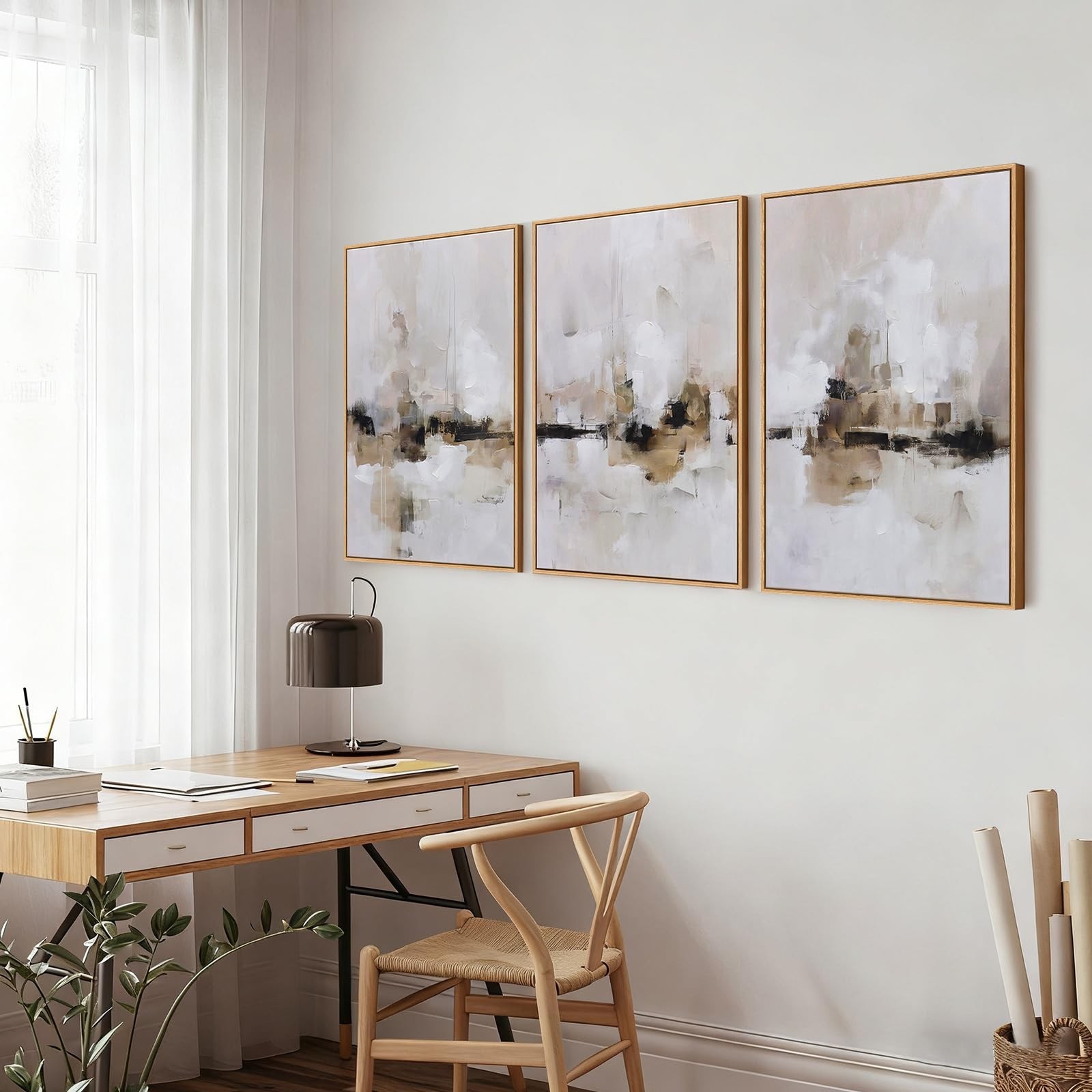 Abstract Neutral Textured Framed Canvas Wall Art Set, Minimalist Wall Decor A…