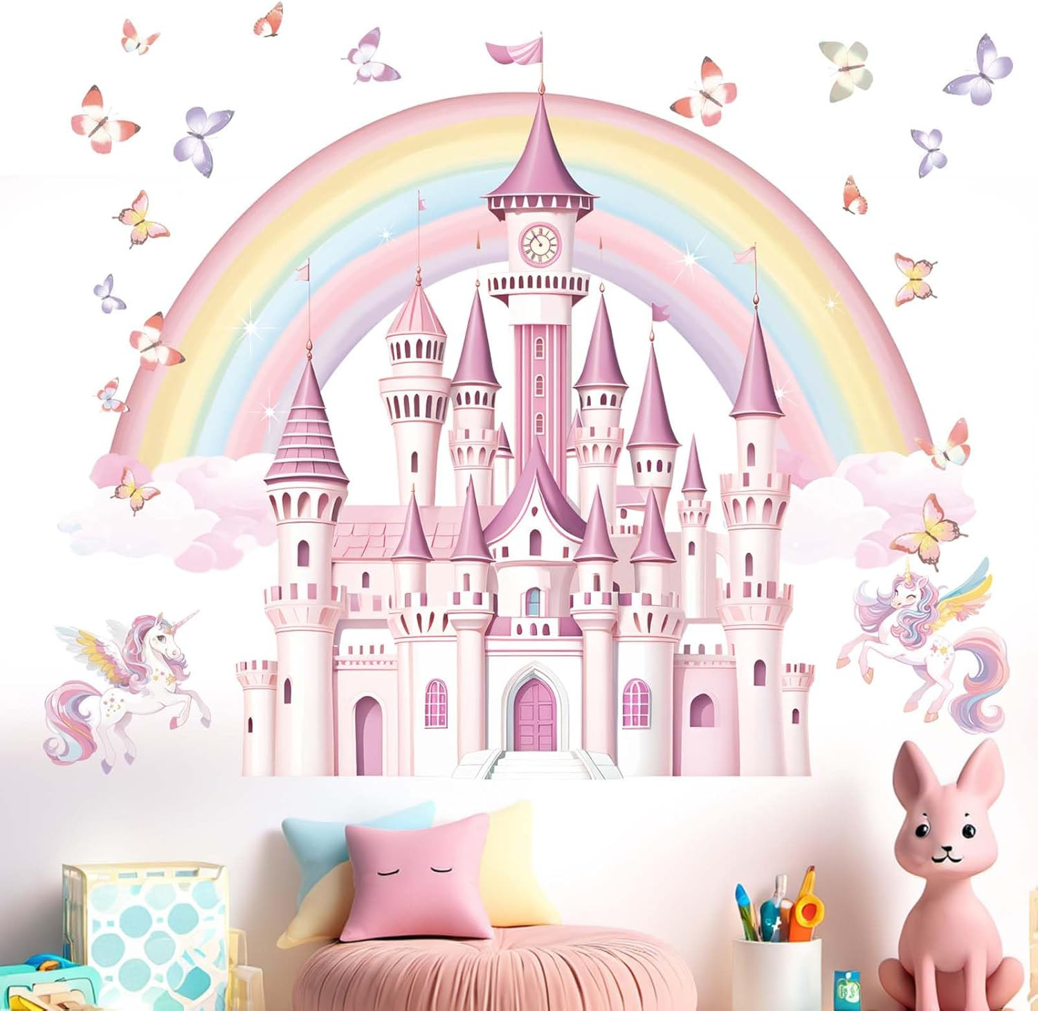 Rainbow Castle Wall Stickers for Girls: Peel and Stick Unicorn Fairy Tale Butter
