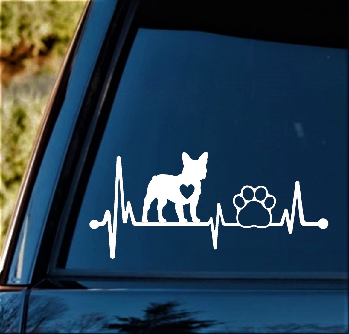Frenchie French Bulldog Heartbeat Lifeline Paw Decal Sticker Car Window BG 156
