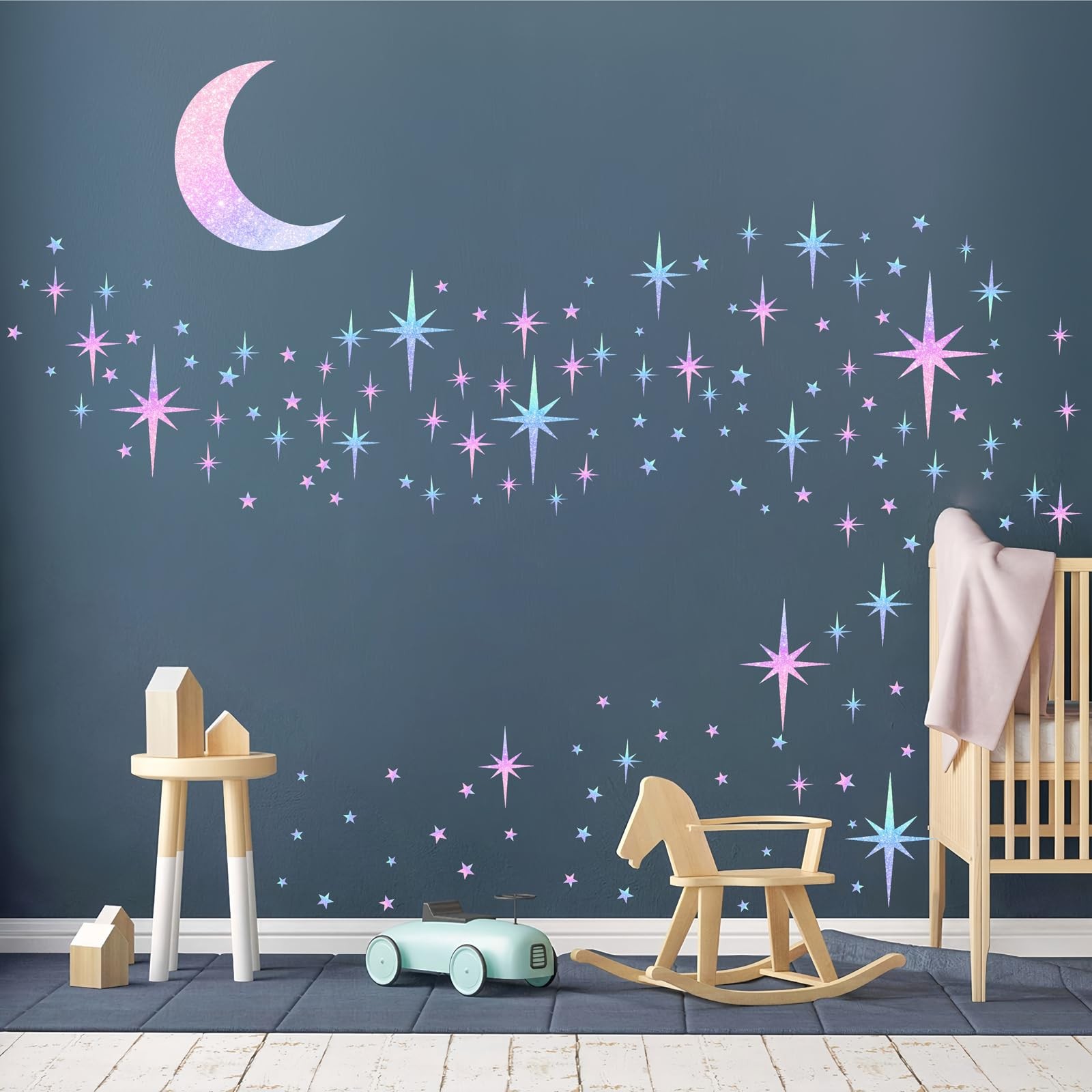 Star Wall Decals Sparkle Wall Decal Peel and Stick Rainbow Star Moon Stickers…