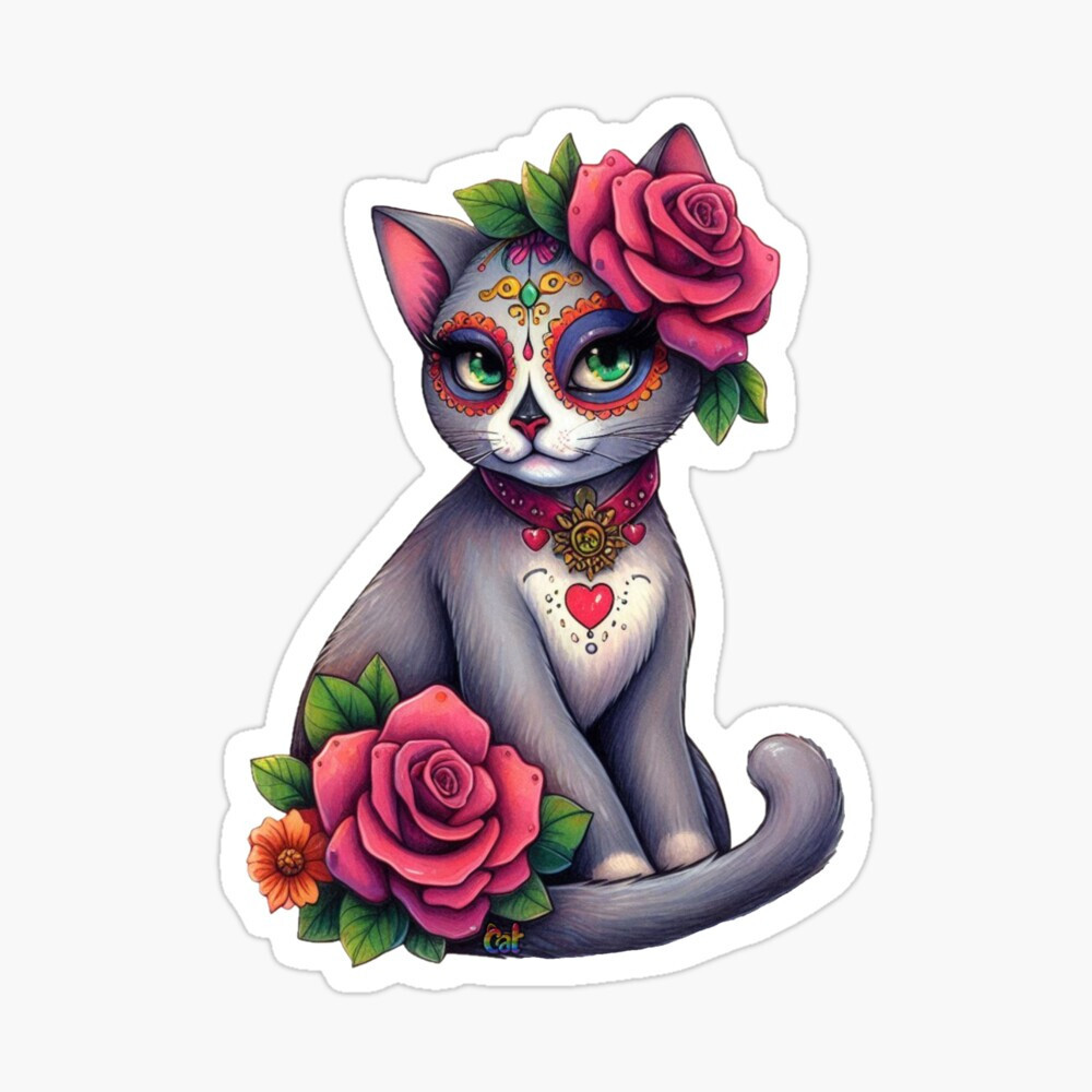 Dia de Muertos Kitty with Roses Sticker by C Autumn Trapp Original Art 3" x 3"
