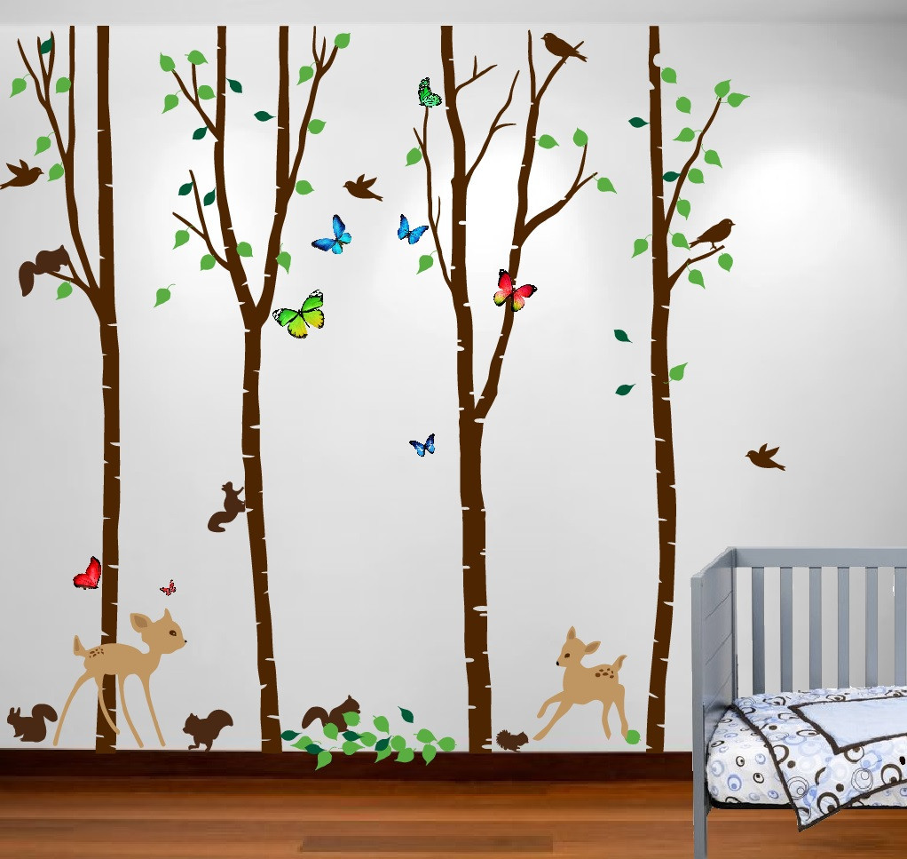 Birch Tree Forest Set Large Wall Decal Deer Birds Bambi Squirrels Butterflies