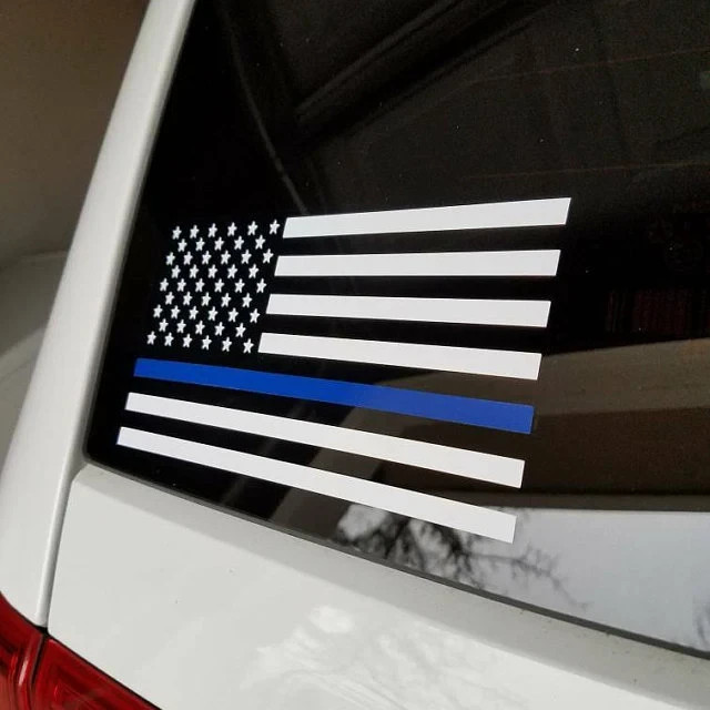 Thin Blue Line Decal, Vinyl Die Cut Sticker, 100% Made In USA, American Flag
