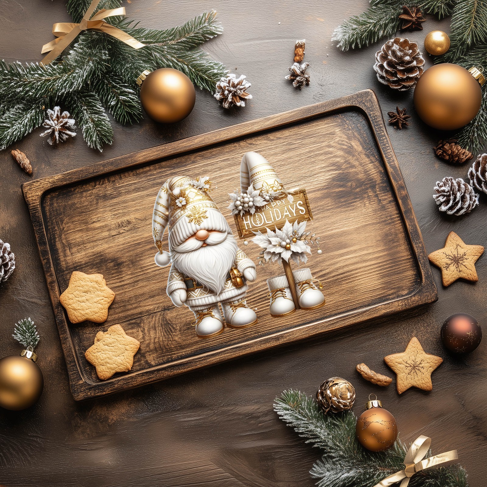 Gold and White Happy Holidays Christmas Gnome UV DTF Transparent Sticker / Decal
