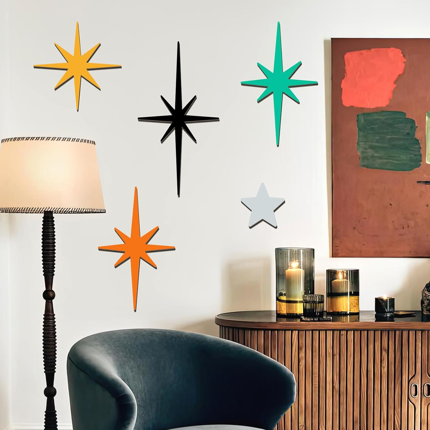 5 Pcs Wooden Atomic Stars Wall Decals Mid Century Wall Decor Modern Star Wall Ar