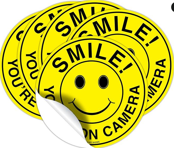 (Set of 5) Smile You're On Camera Sign – 4.5" Circle – 4 Mil Vinyl – Laminated