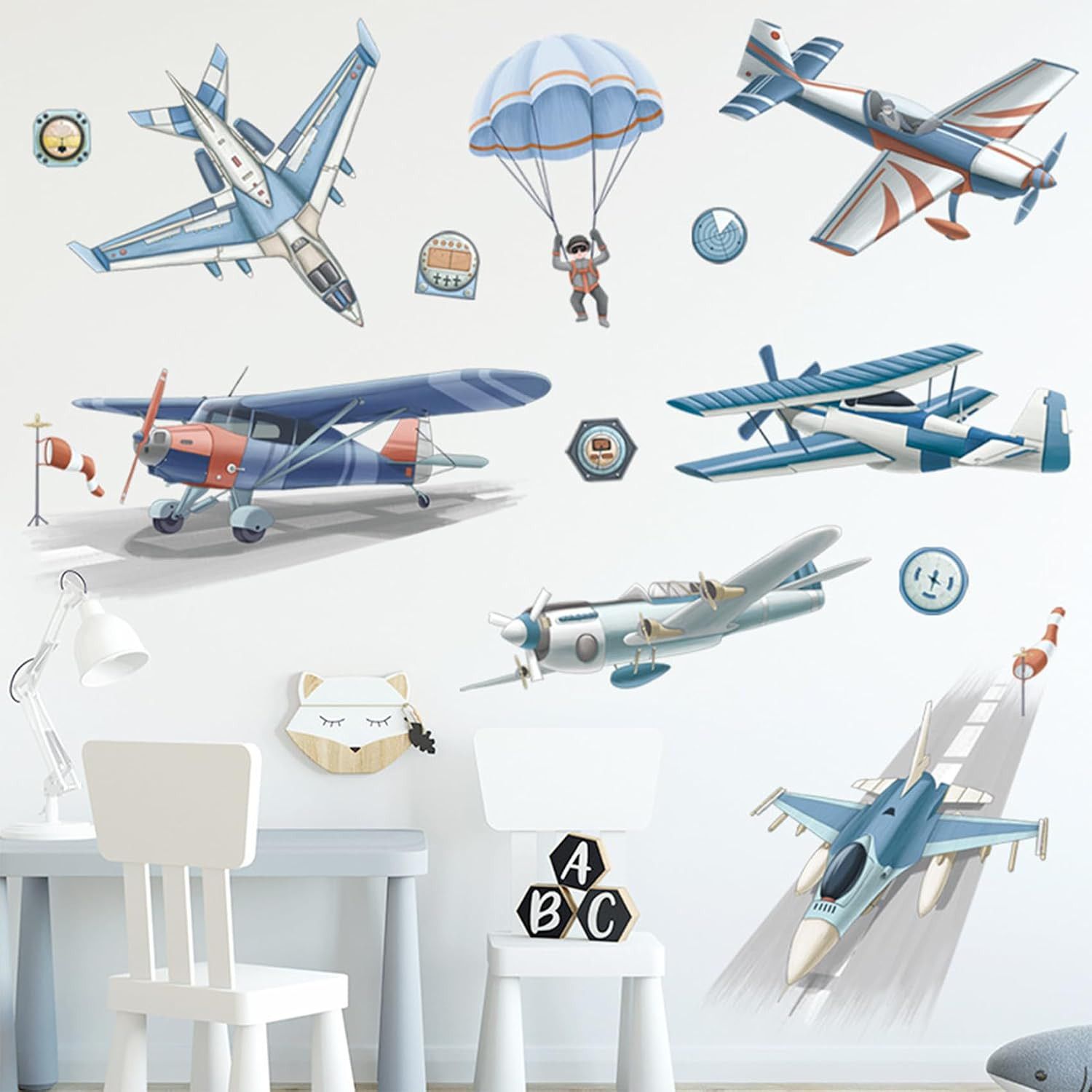 Cartoon Airplane Wall Decals, Fighter Jets & Parachute Wall Stickers for Kids Pl