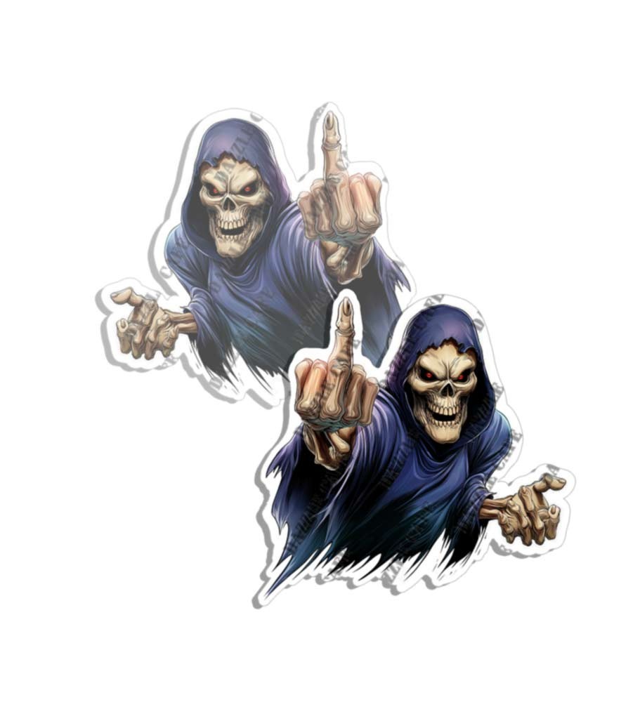Grim Reaper Middle Finger Vinyl Decal Skull Death Sticker Made in USA 2 PACK